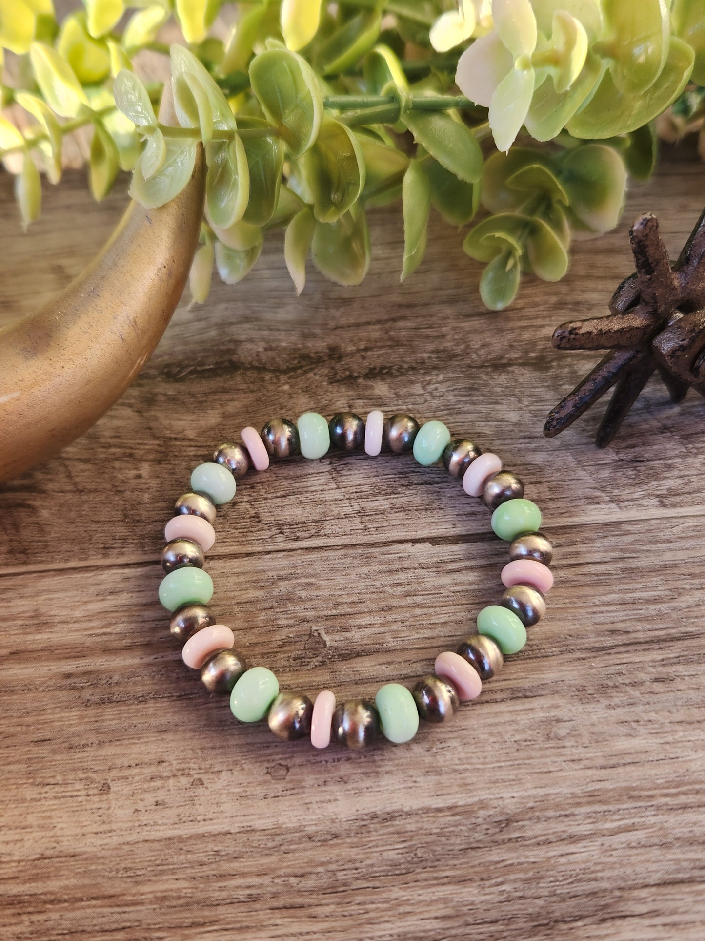 Green Opal, Pink Conch, & Sterling Silver Navajo Style Pearls. Stretch Bracelet