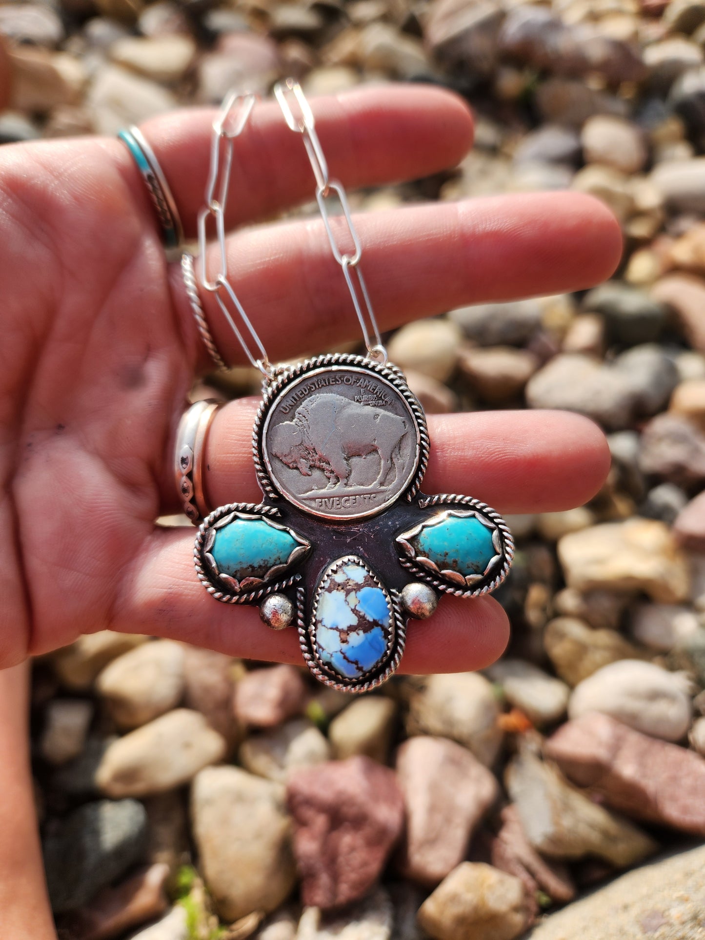 Buffalo Coin with Golden Hill and Kingsmen Turquoise 17 inches