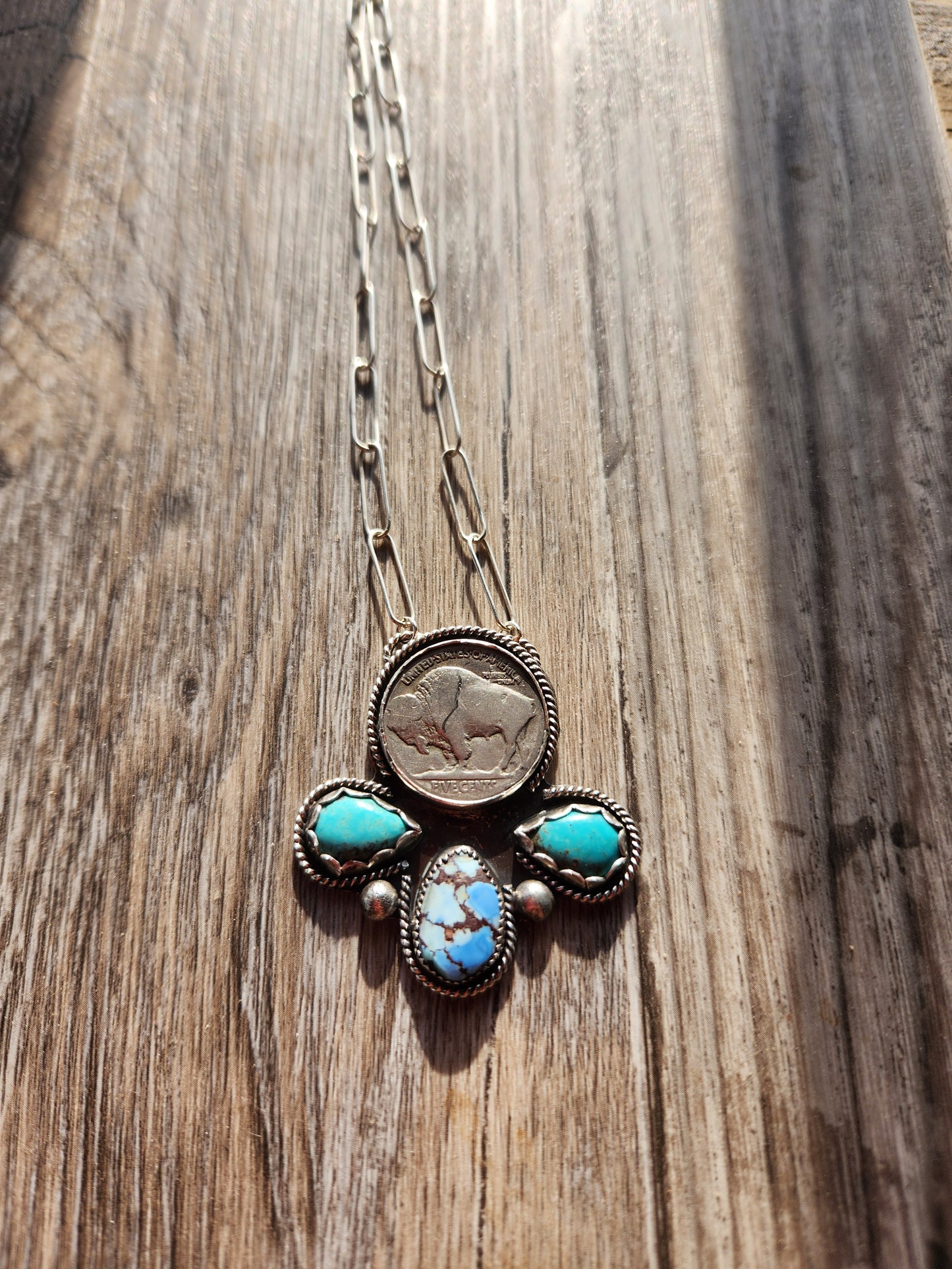 Buffalo Coin with Golden Hill and Kingsmen Turquoise 17 inches