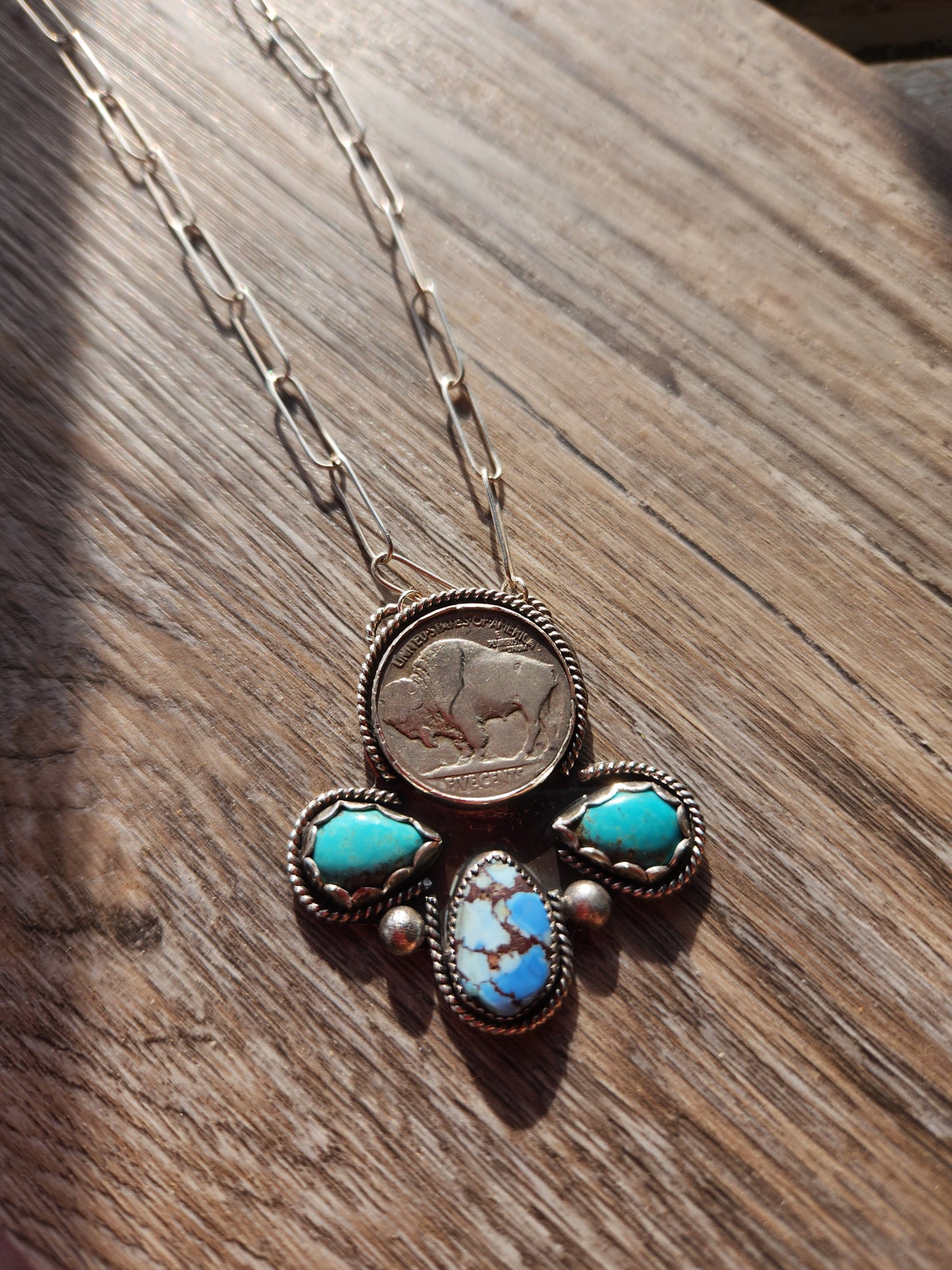Buffalo Coin with Golden Hill and Kingsmen Turquoise 17 inches