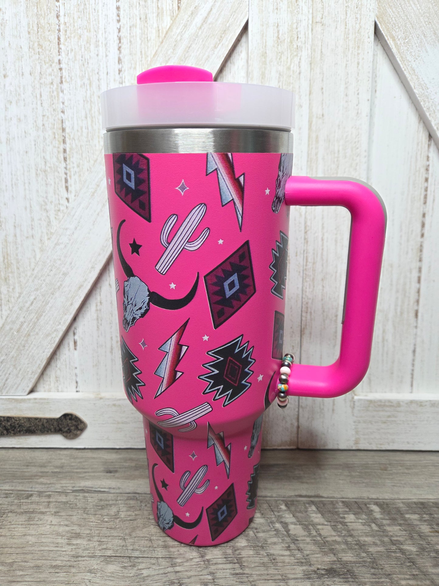 Pink Catus Long Horn lightning Bold- Pink Conch, Spiny Oyster Turquoise, Sterling Silver Pearls