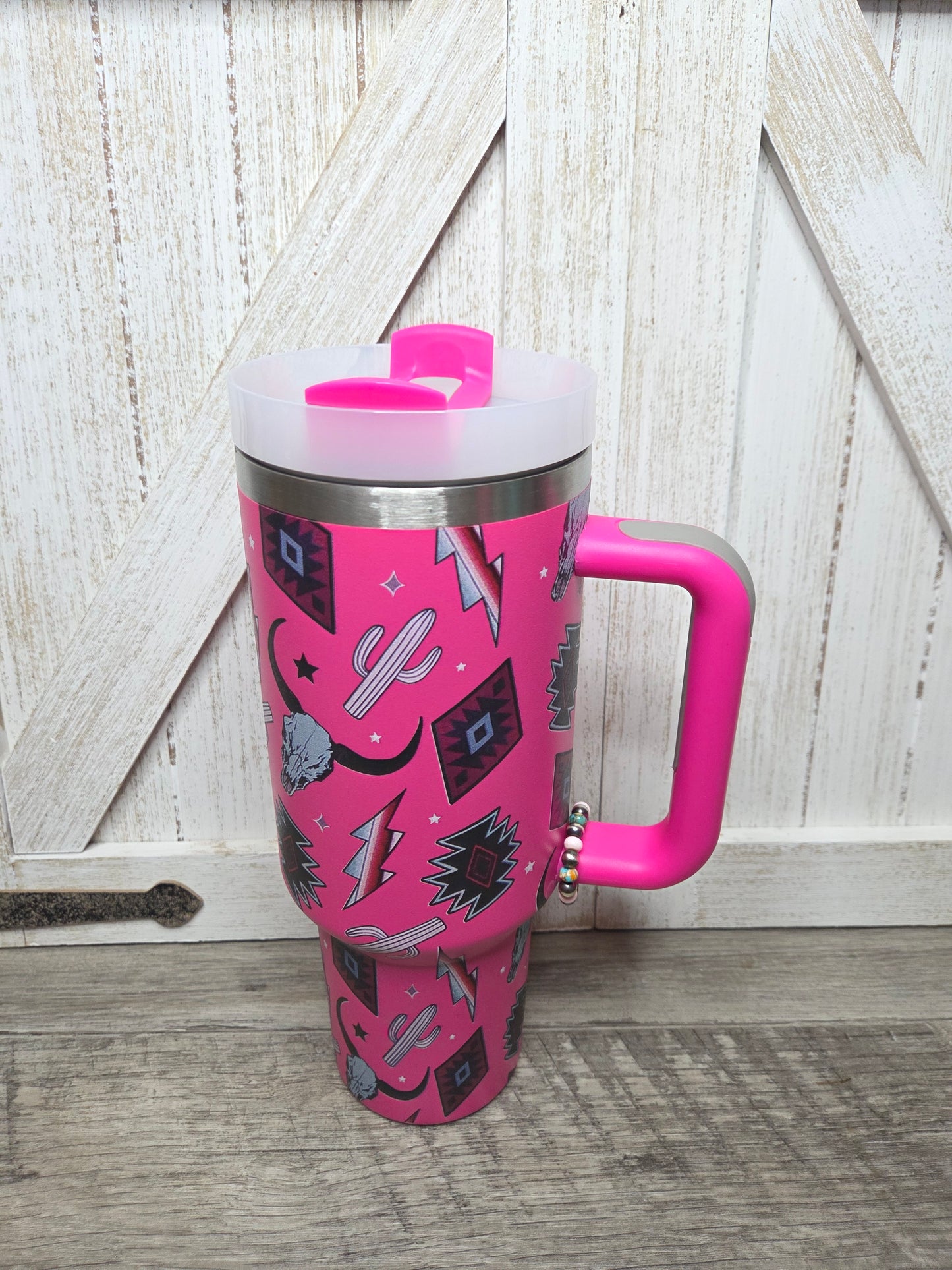 Pink Catus Long Horn lightning Bold- Pink Conch, Spiny Oyster Turquoise, Sterling Silver Pearls