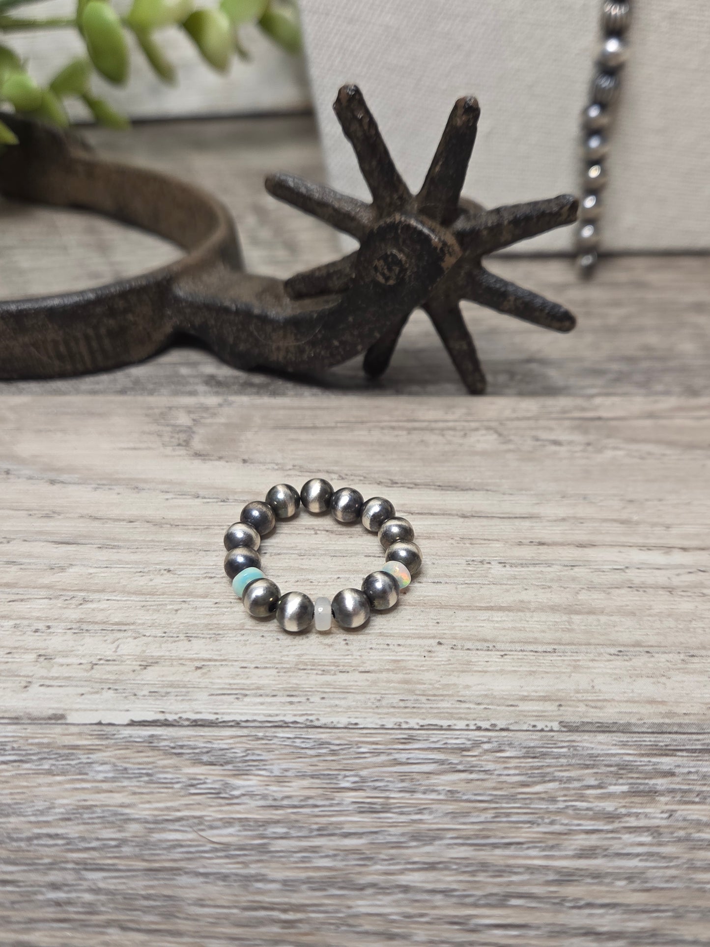 Stretch Ring with Ethiopian Opal and Sterling Silver Navajo Style Pearls