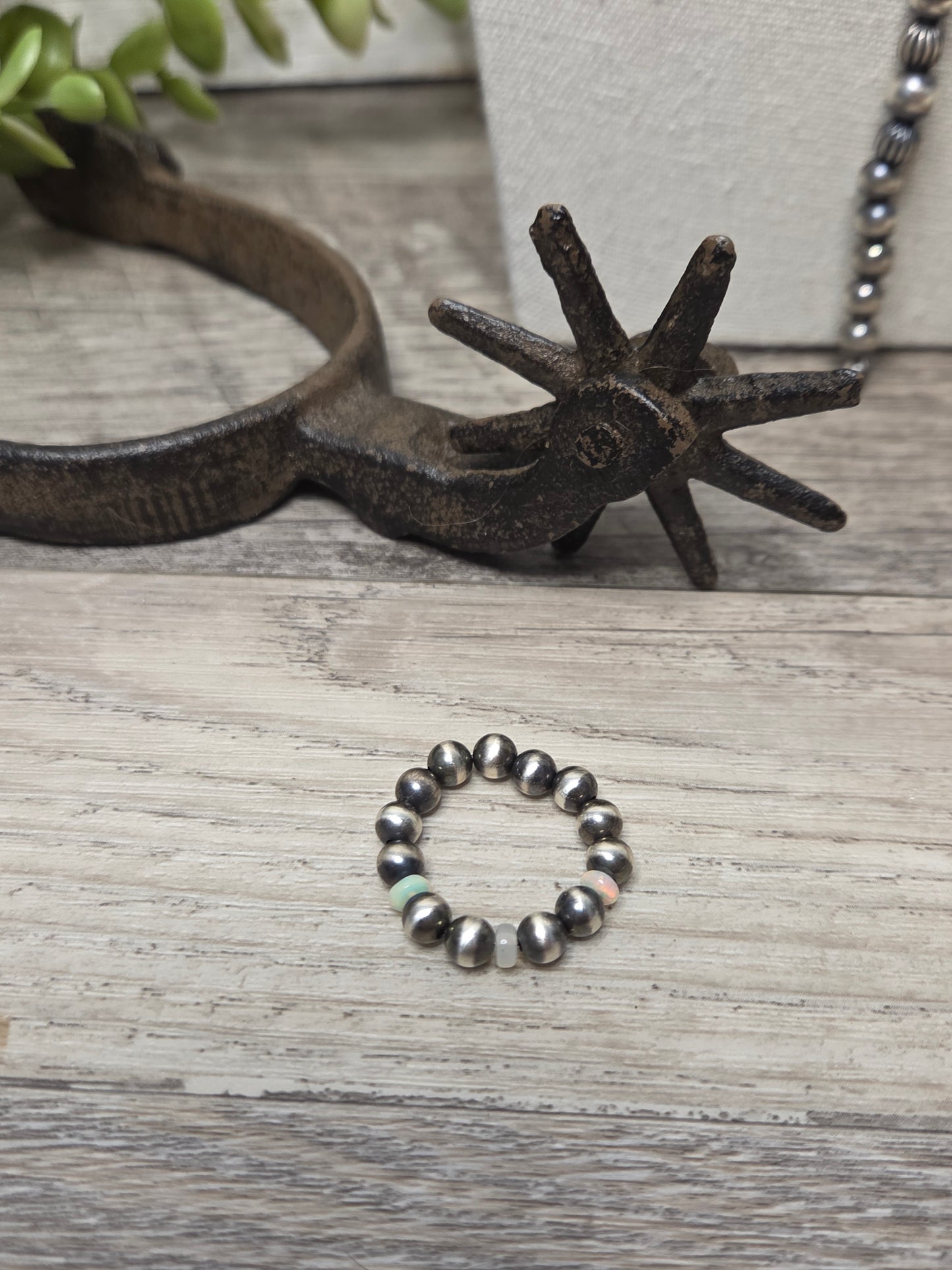 Stretch Ring with Ethiopian Opal and Sterling Silver Navajo Style Pearls
