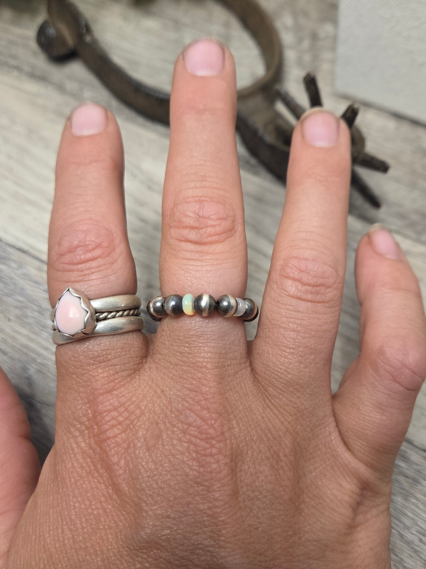 Stretch Ring with Ethiopian Opal and Sterling Silver Navajo Style Pearls
