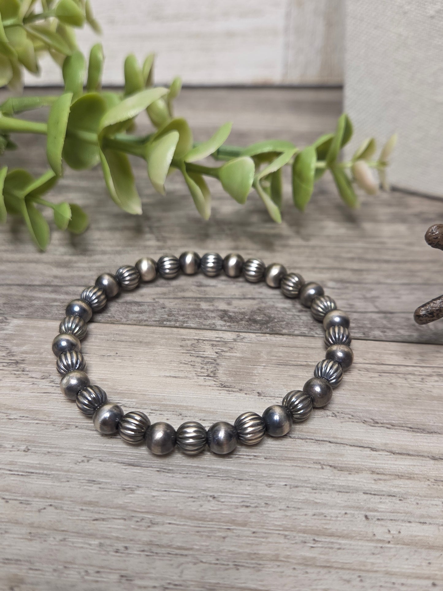 Sterling Silver Navajo Style Pearls. Stretch Bracelet