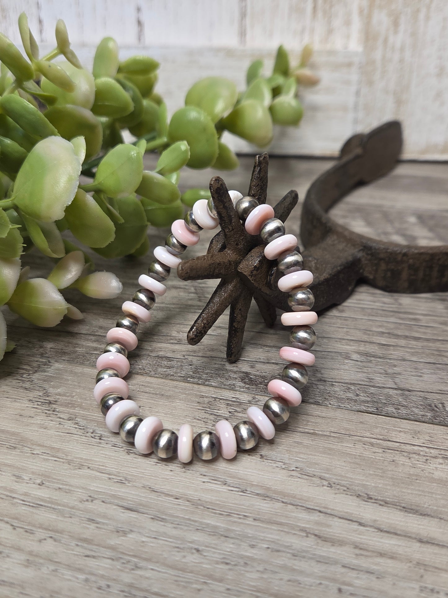 Pink Conch & Sterling Silver Navajo Style Pearls.  Stretch Bracelet