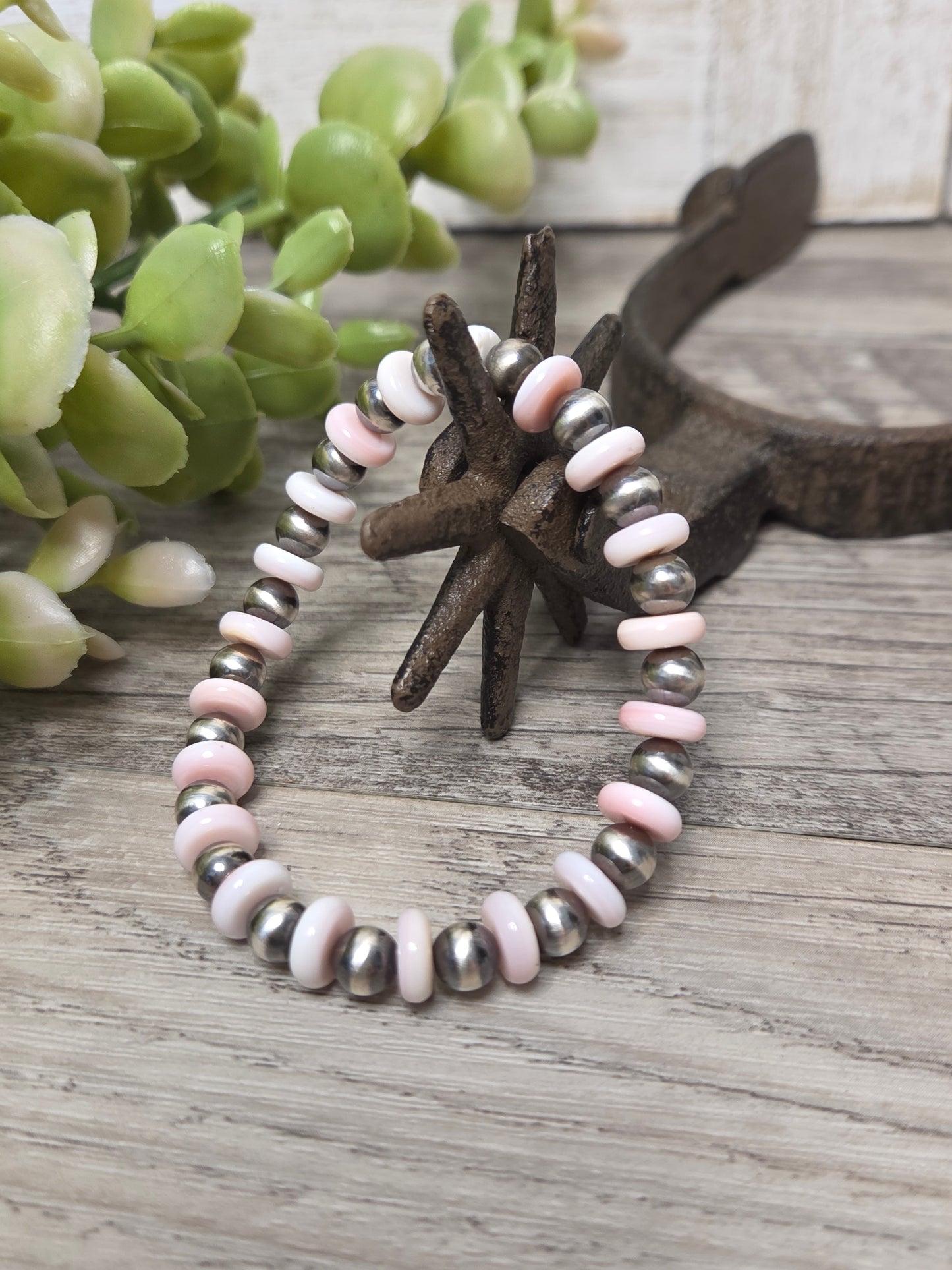 Pink Conch & Sterling Silver Navajo Style Pearls.  Stretch Bracelet