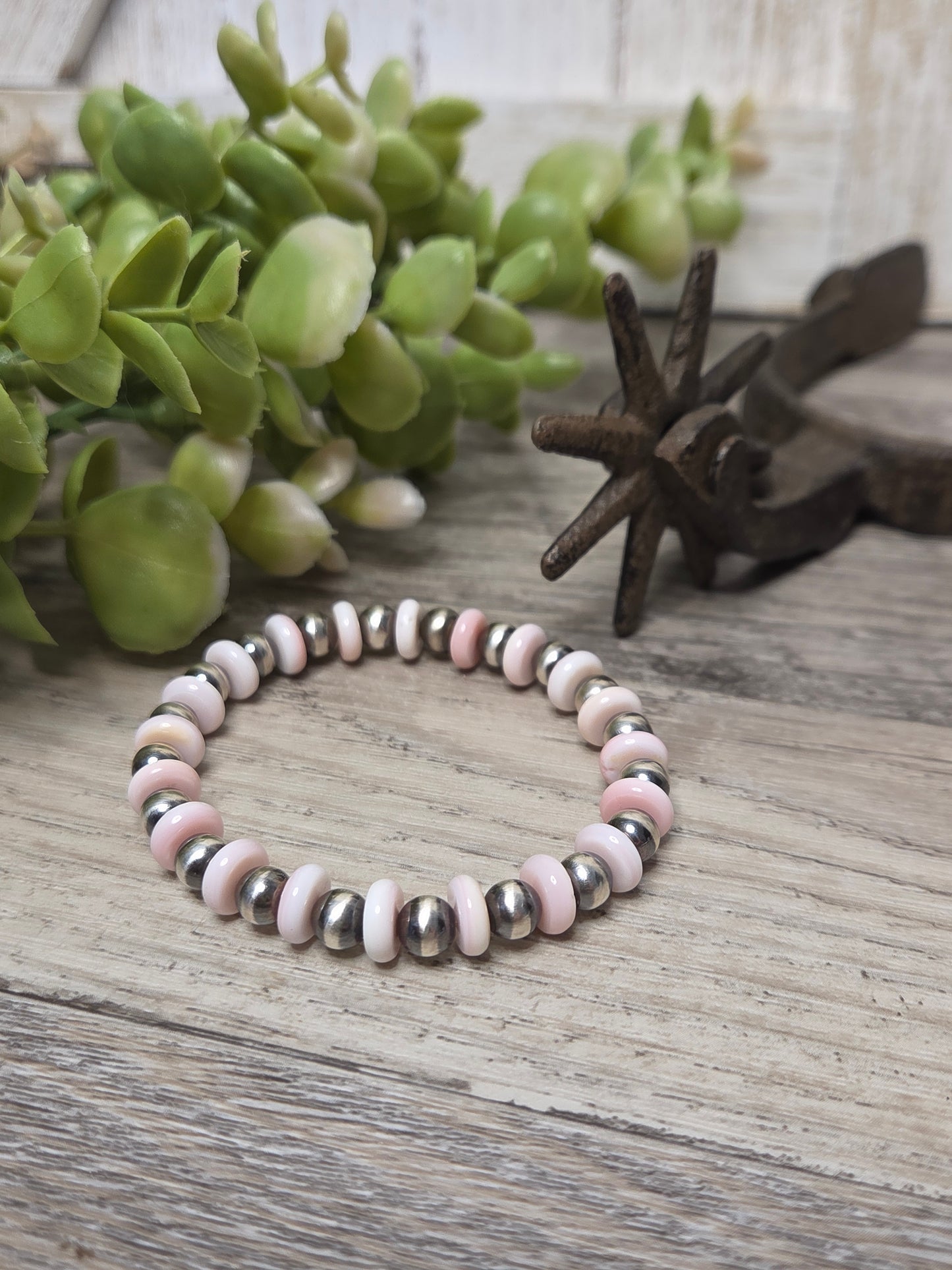 Pink Conch & Sterling Silver Navajo Style Pearls.  Stretch Bracelet