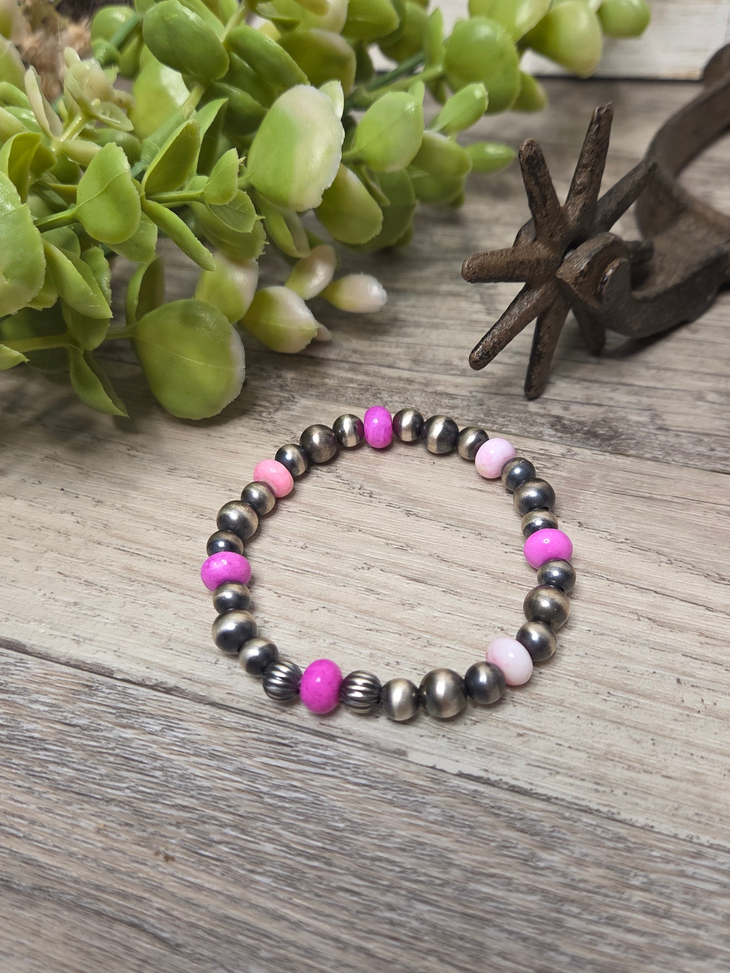 Pink Opal & Sterling Silver Navajo Style Pearls.  Stretch Bracelet