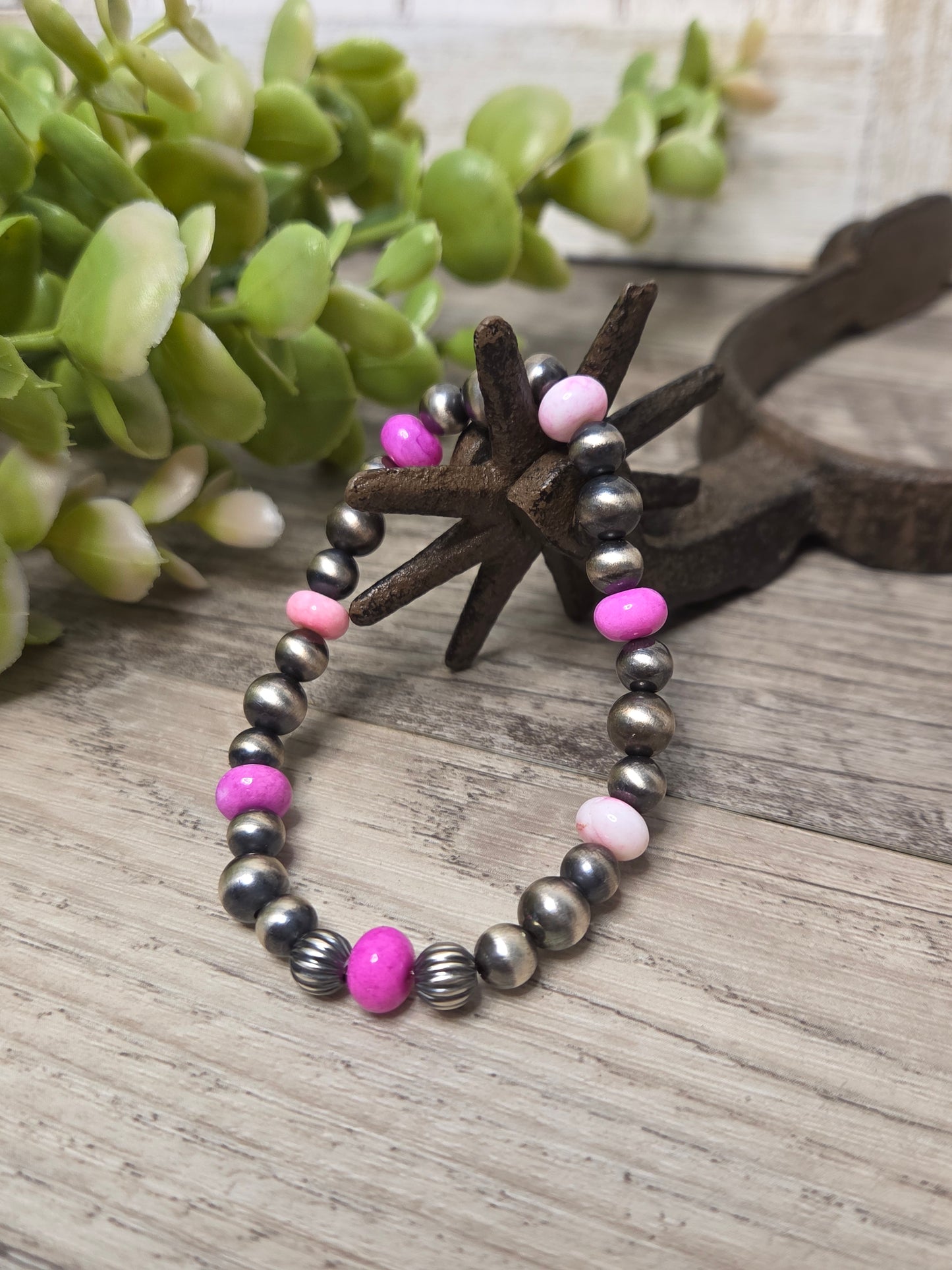 Pink Opal & Sterling Silver Navajo Style Pearls.  Stretch Bracelet