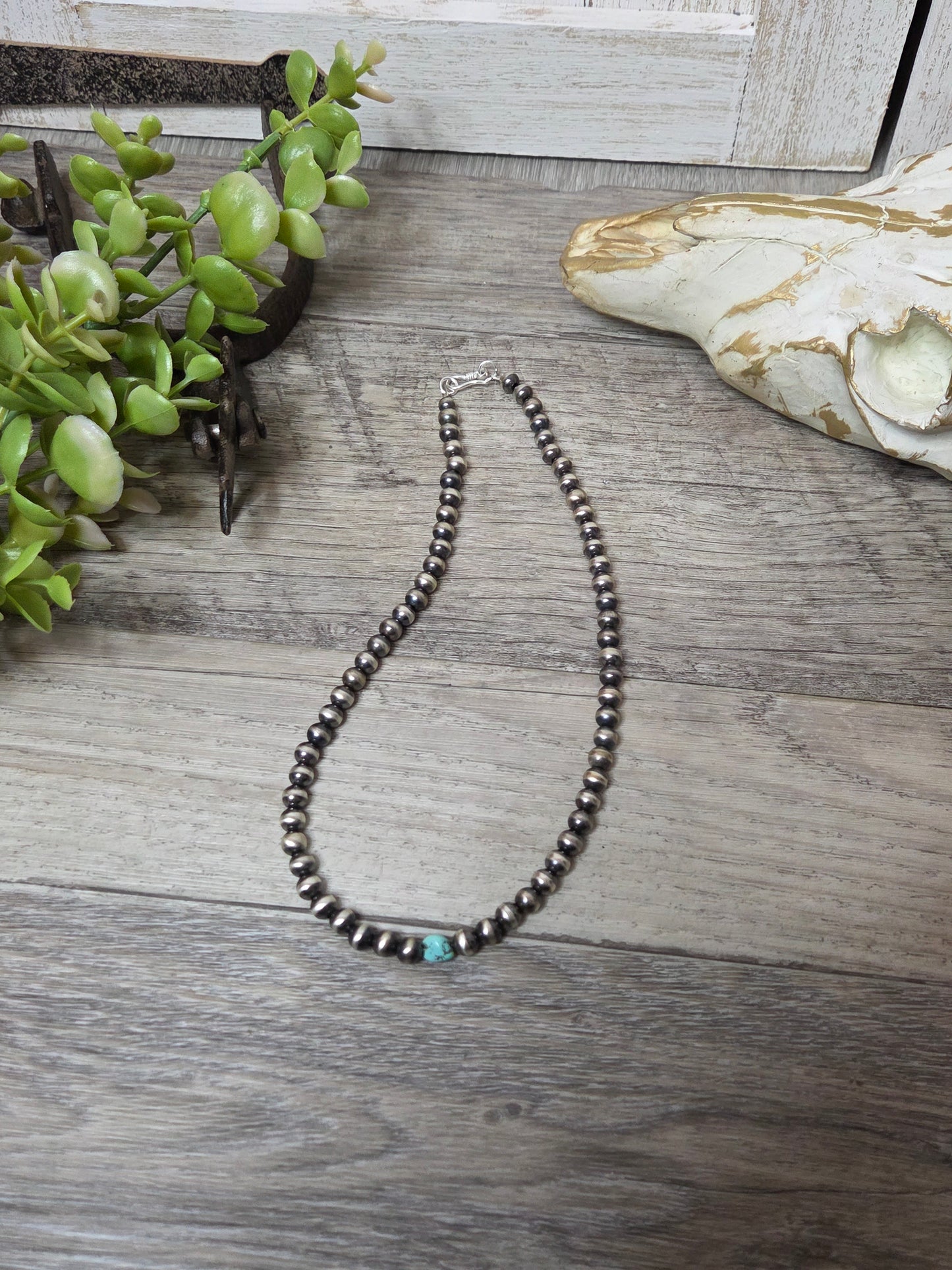 Sterling Silver Navajo Style Pearls & Turquoise Nugget.