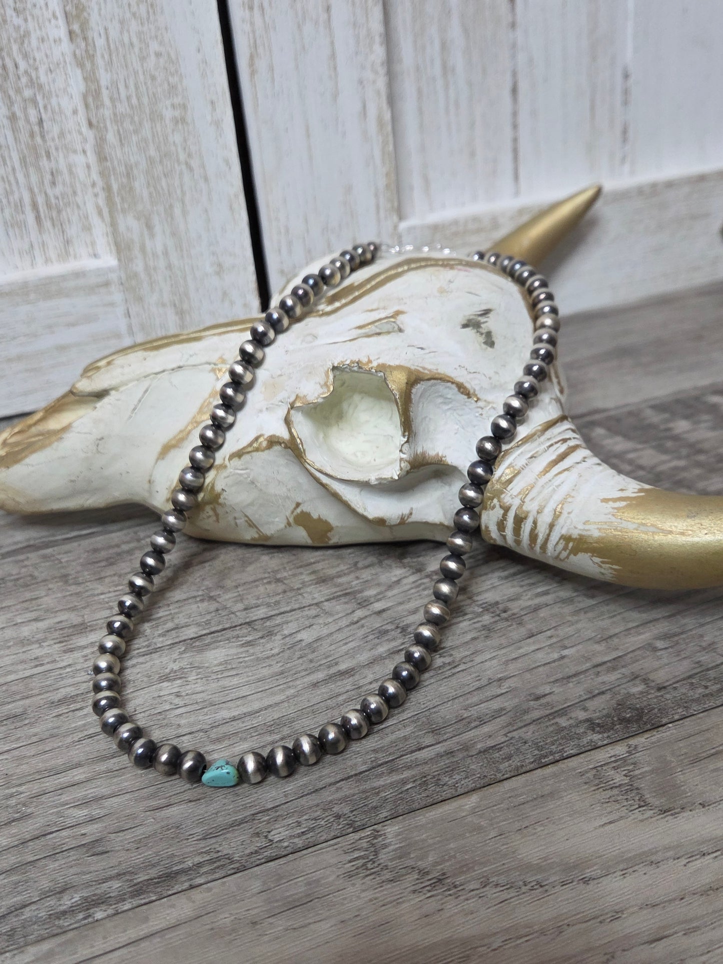 Sterling Silver Navajo Style Pearls & Turquoise Nugget.
