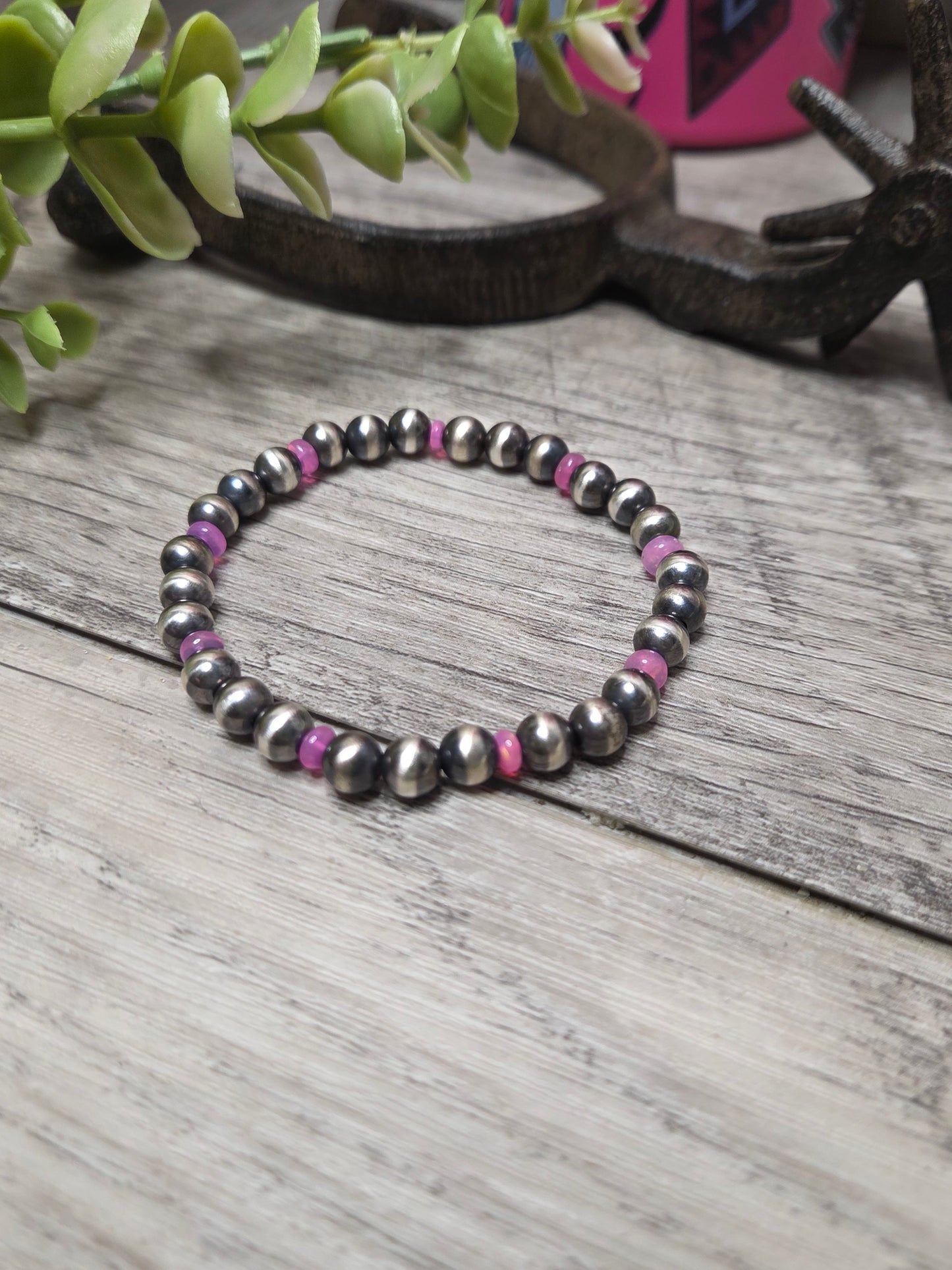 Pink Opal Sterling Silver Navajo Style Pearls.  Stretch Bracelet