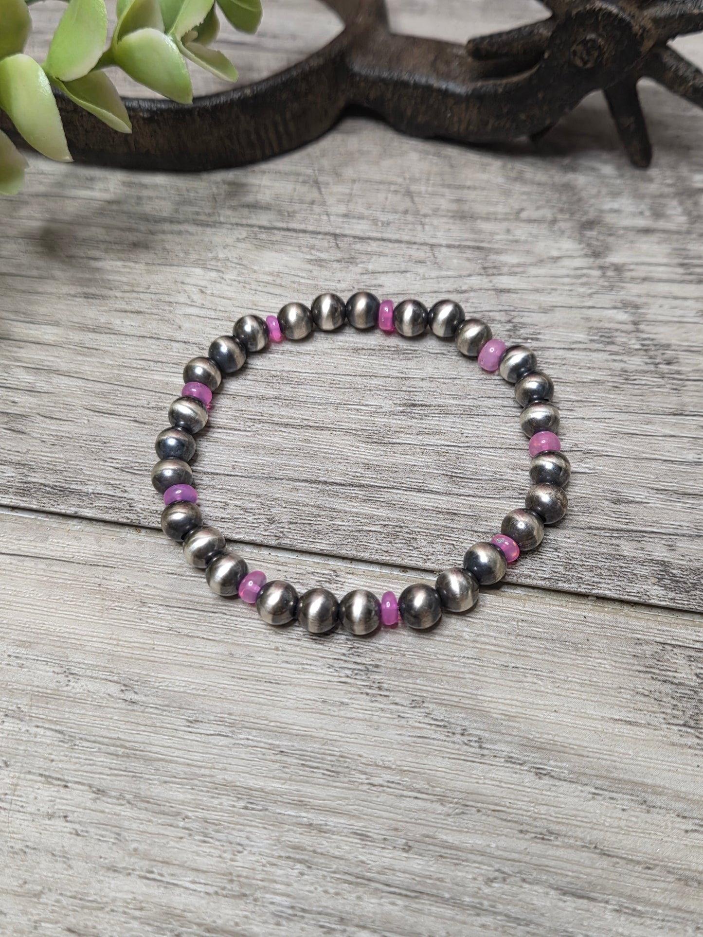 Pink Opal Sterling Silver Navajo Style Pearls.  Stretch Bracelet