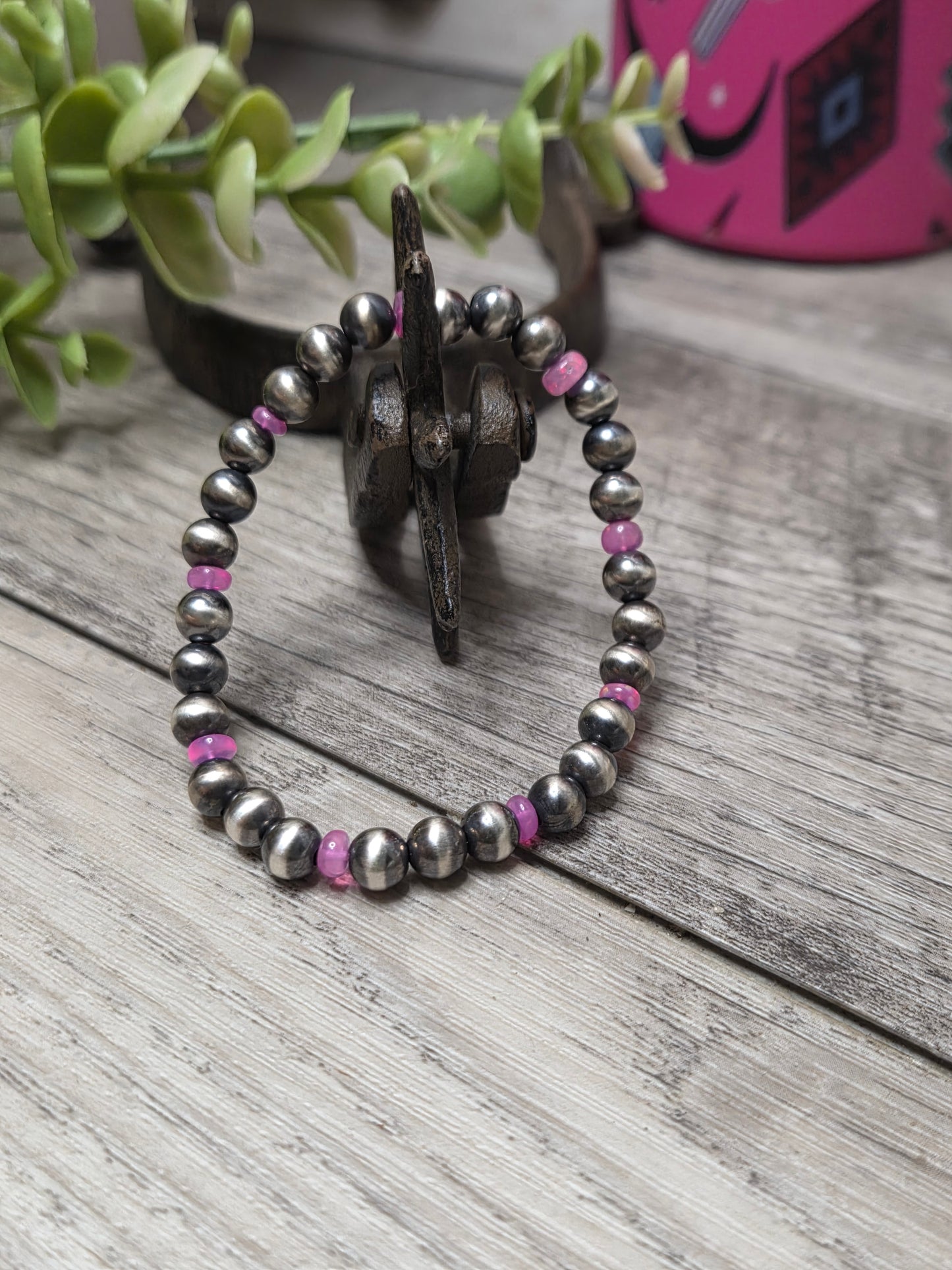 Pink Opal Sterling Silver Navajo Style Pearls.  Stretch Bracelet