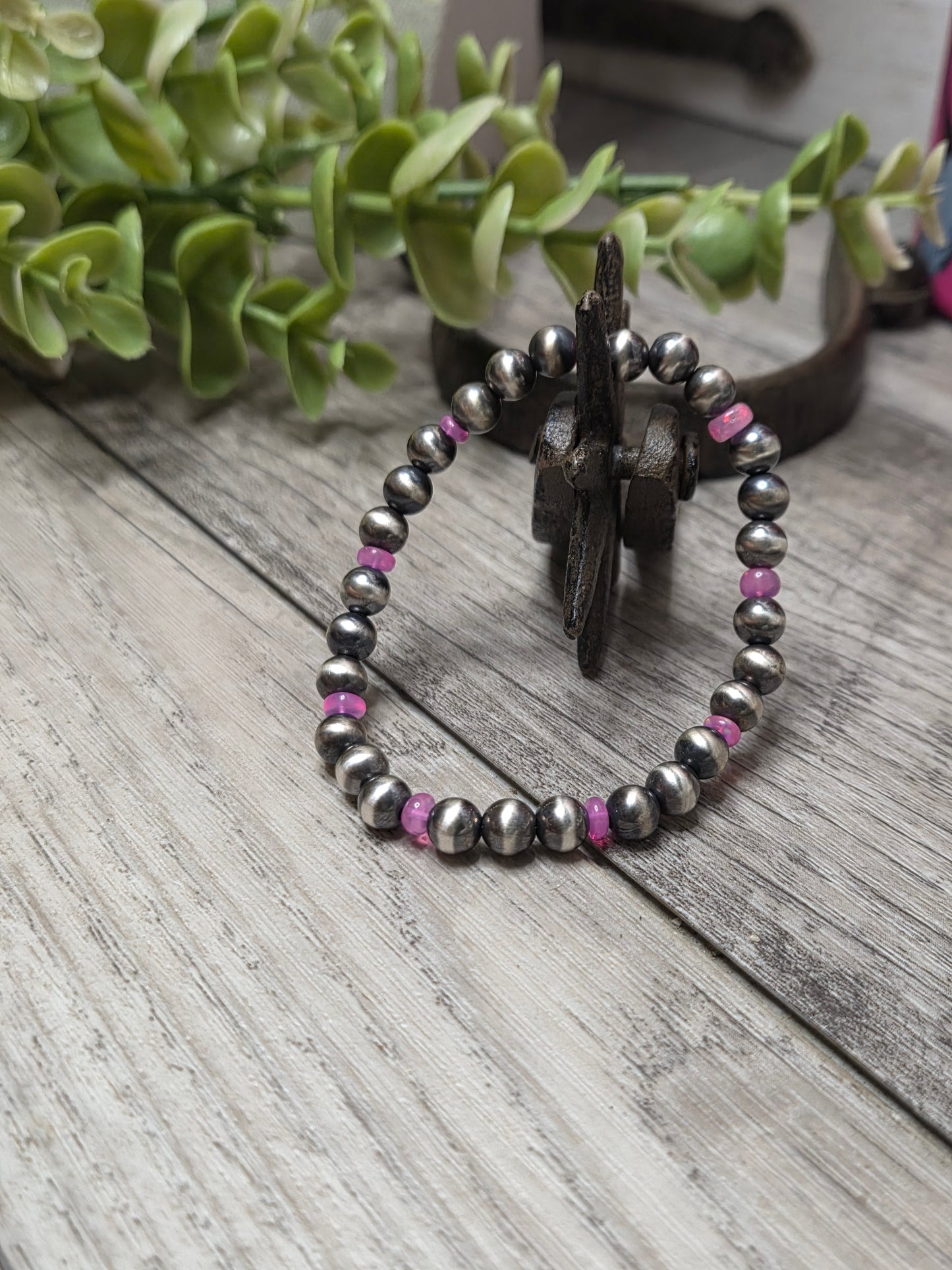 Pink Opal Sterling Silver Navajo Style Pearls.  Stretch Bracelet
