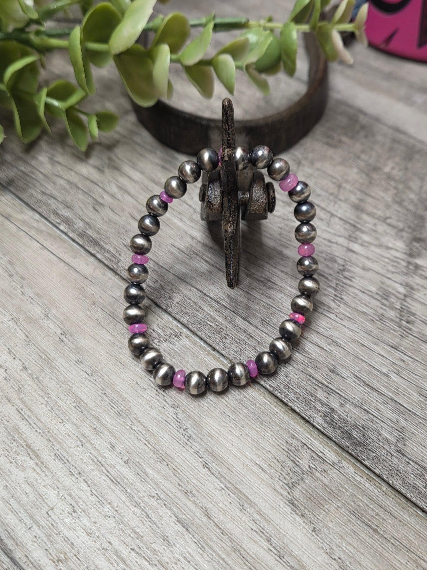 Pink Opal Sterling Silver Navajo Style Pearls.  Stretch Bracelet