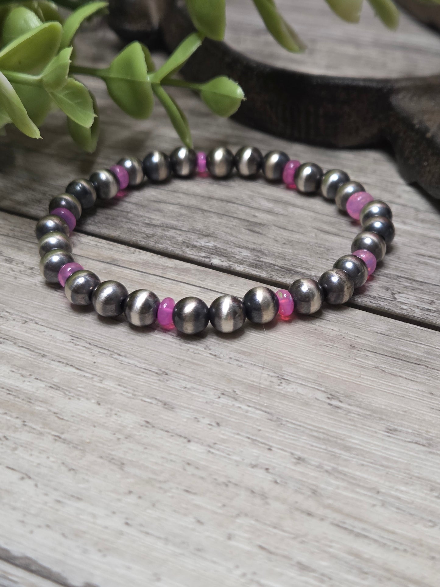Pink Opal Sterling Silver Navajo Style Pearls.  Stretch Bracelet
