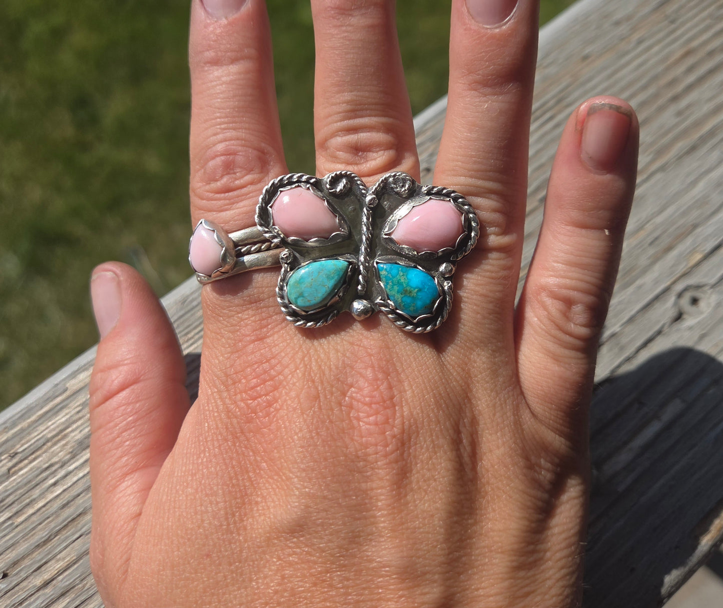 ButterFly Ring with Pink Conch & Kingsmen Turquoise Size 8.5
