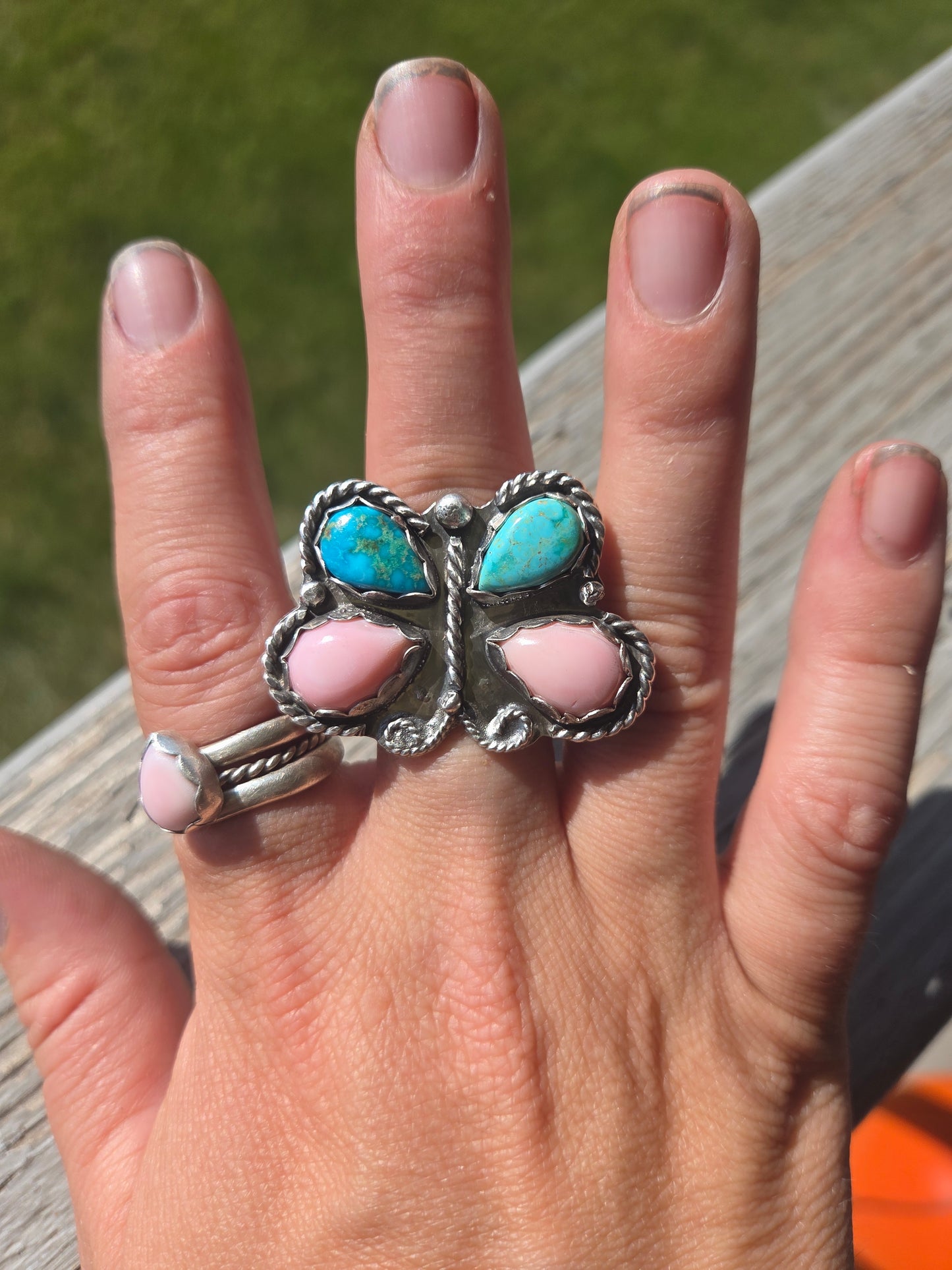 ButterFly Ring with Pink Conch & Kingsmen Turquoise Size 8.5