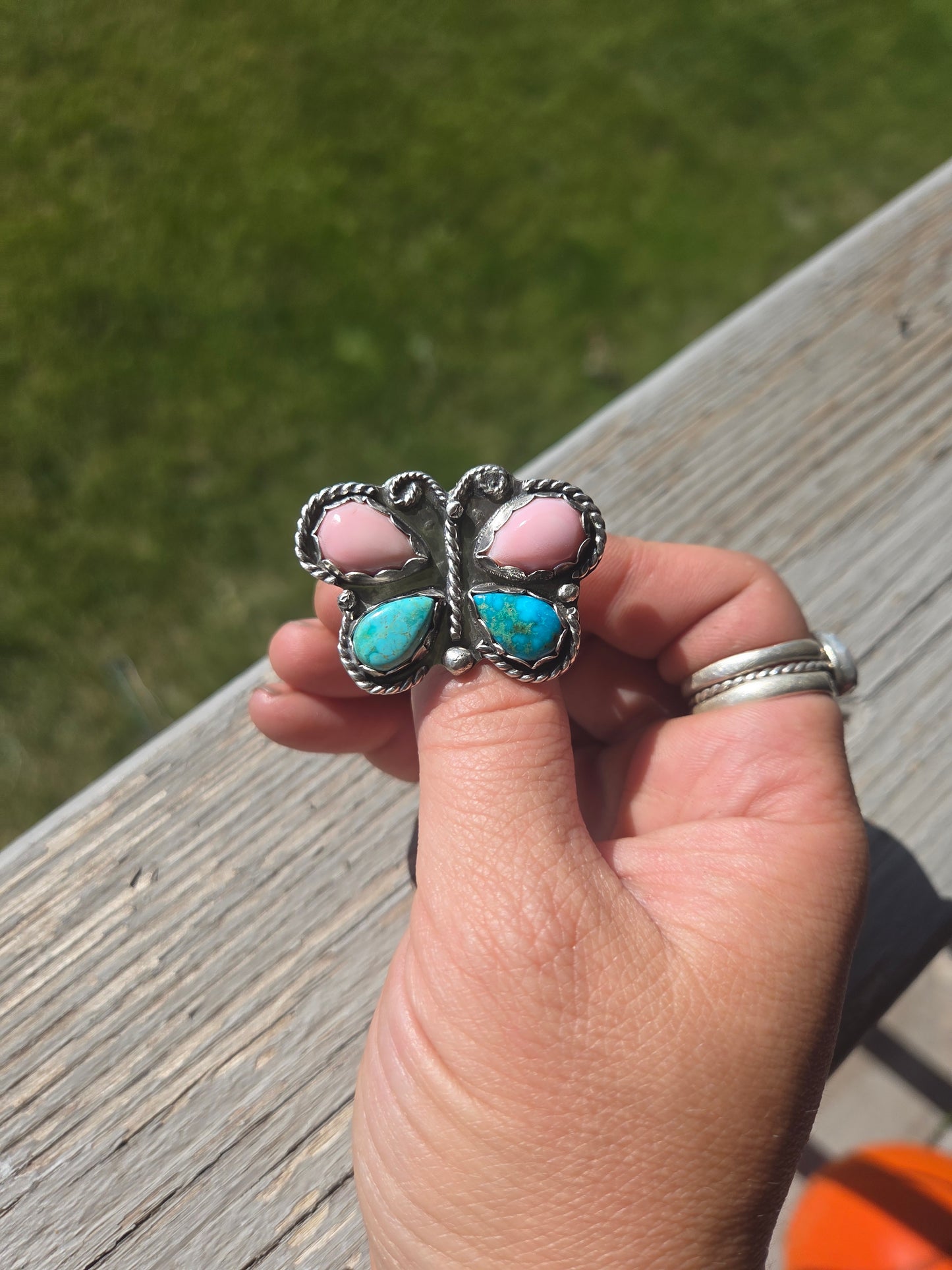 ButterFly Ring with Pink Conch & Kingsmen Turquoise Size 8.5