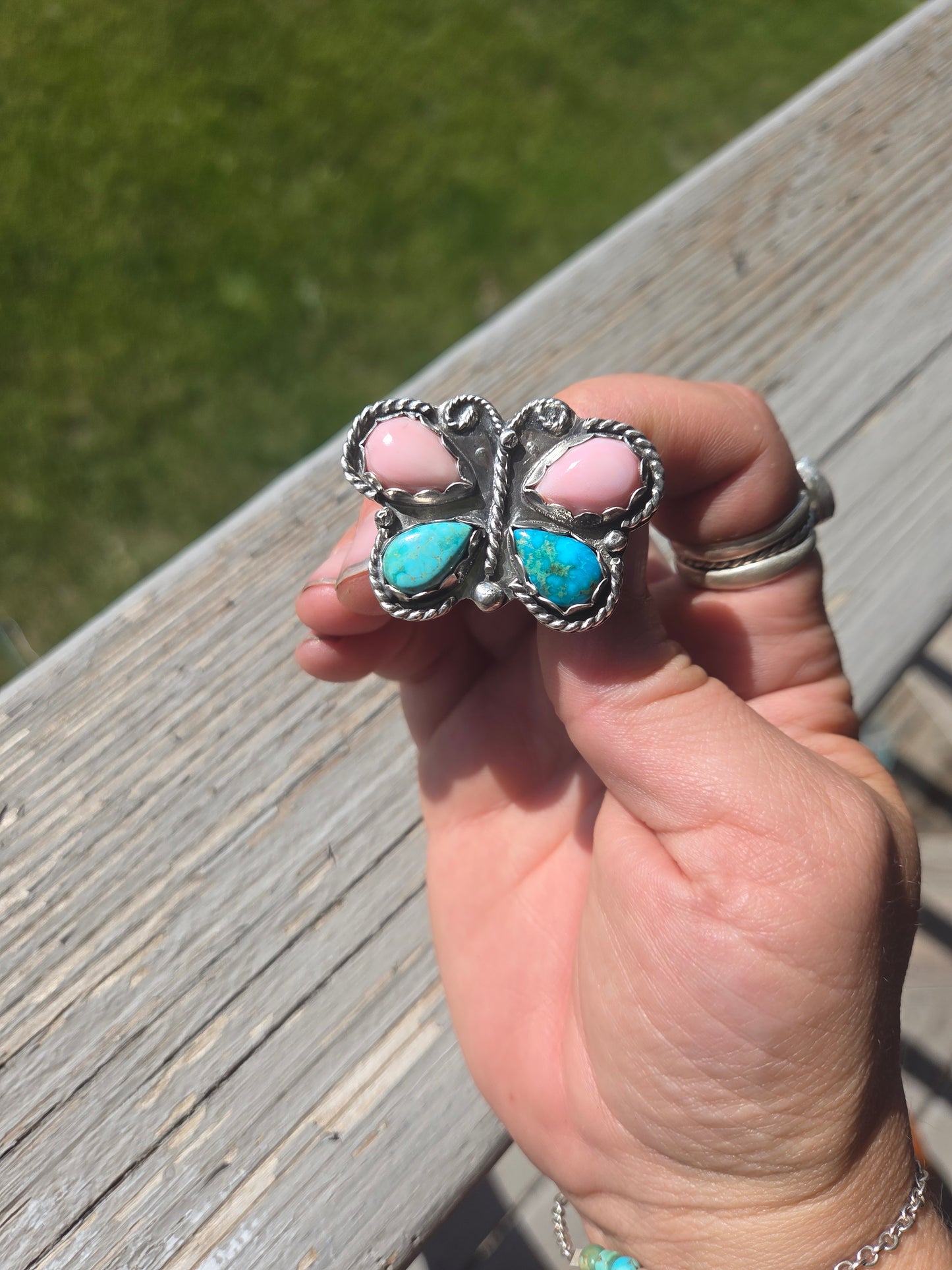 ButterFly Ring with Pink Conch & Kingsmen Turquoise Size 8.5