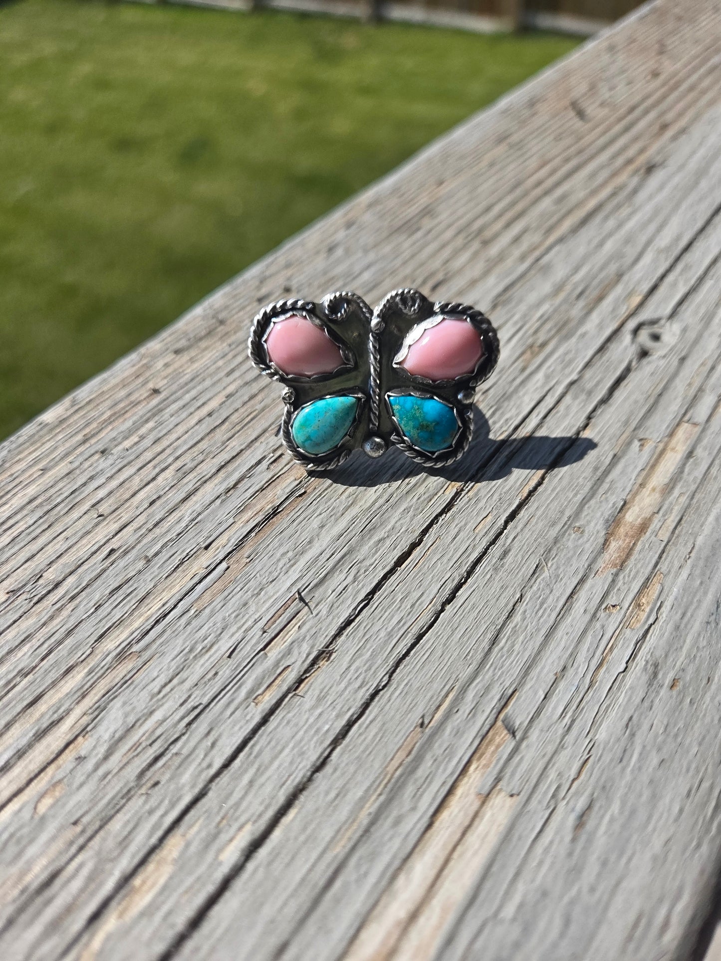 ButterFly Ring with Pink Conch & Kingsmen Turquoise Size 8.5
