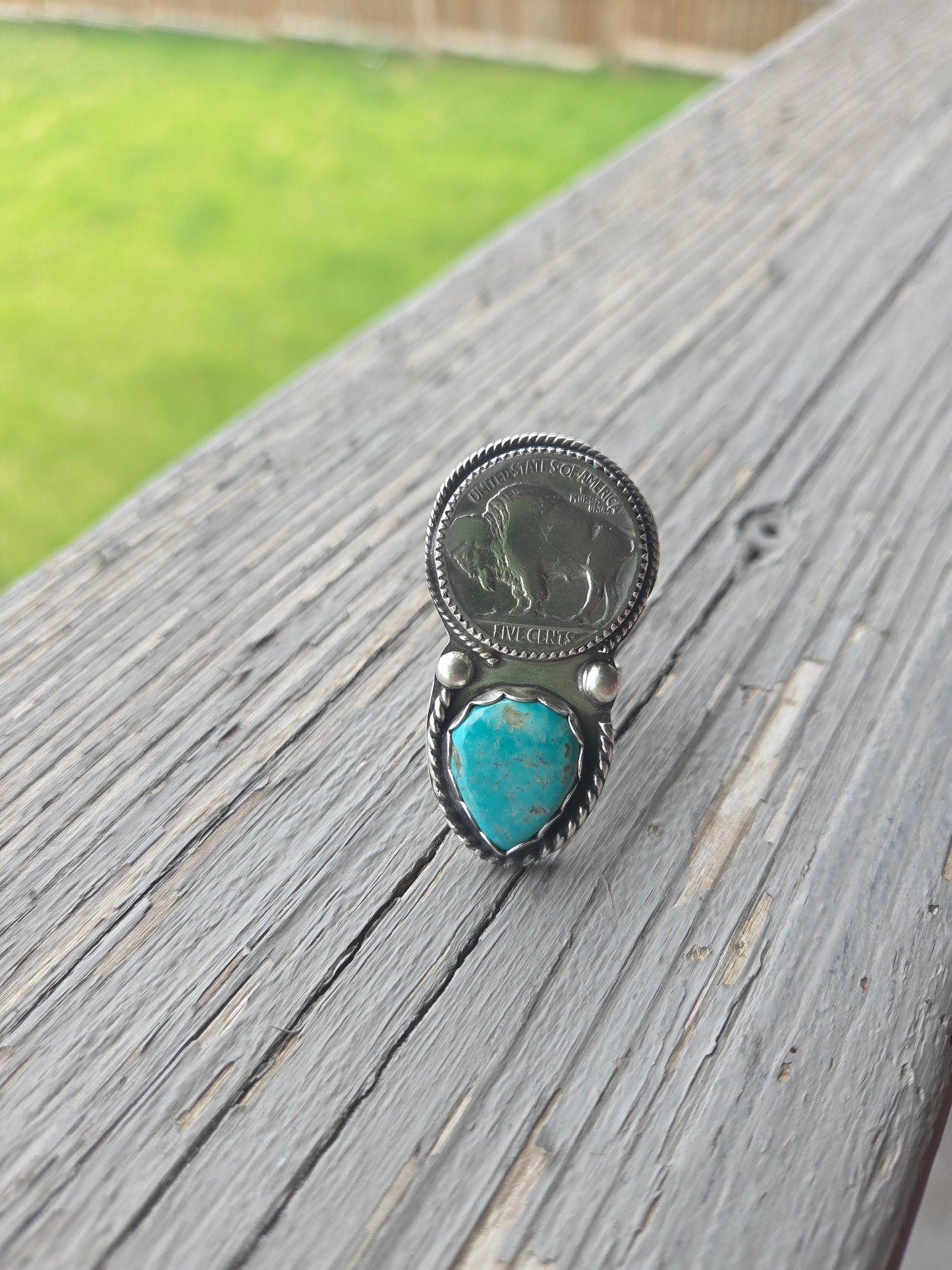 Tyrone Turquoise & Buffalo Coin • Sterling Silver Size 7.5
