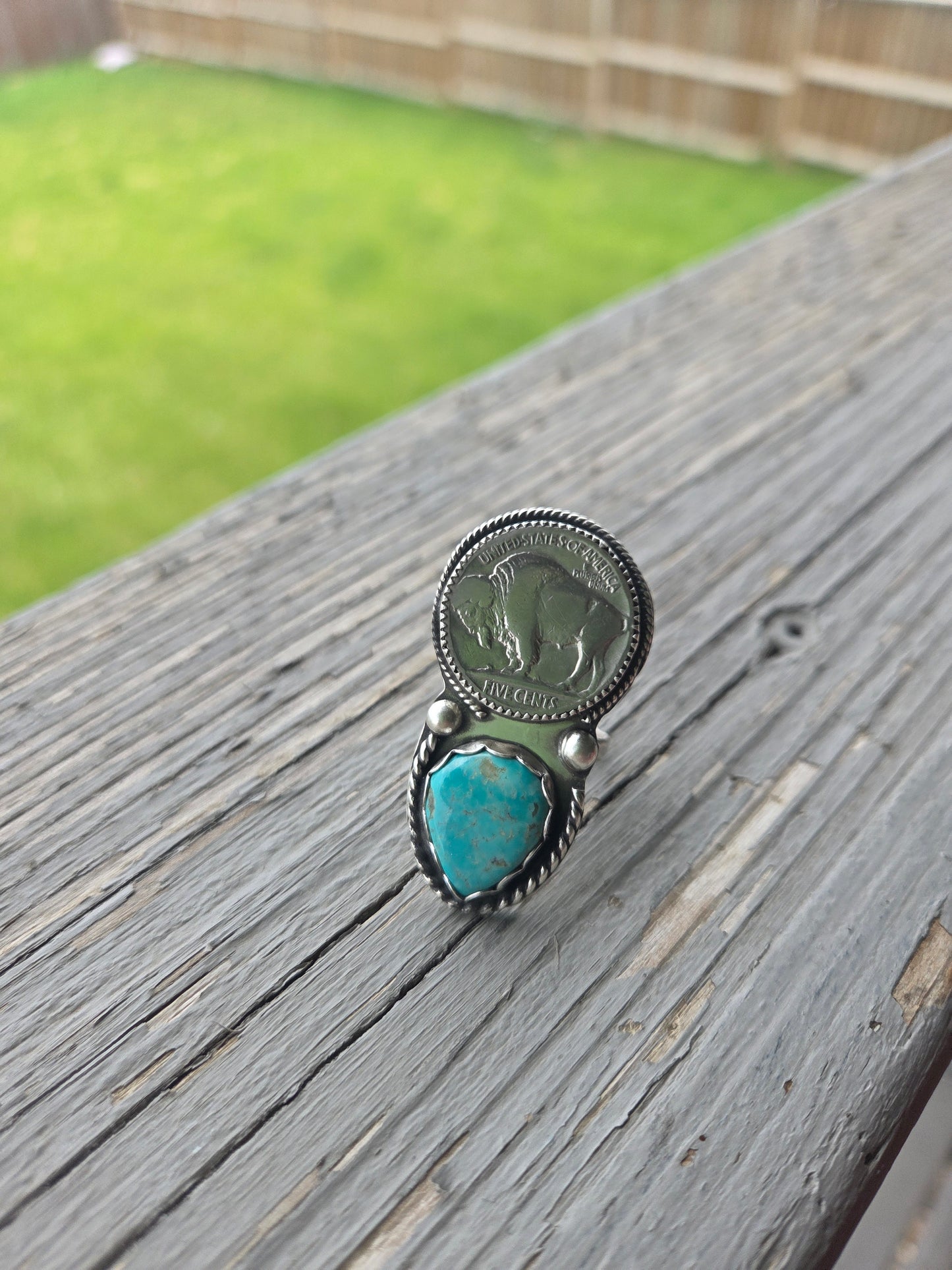 Tyrone Turquoise & Buffalo Coin • Sterling Silver Size 7.5