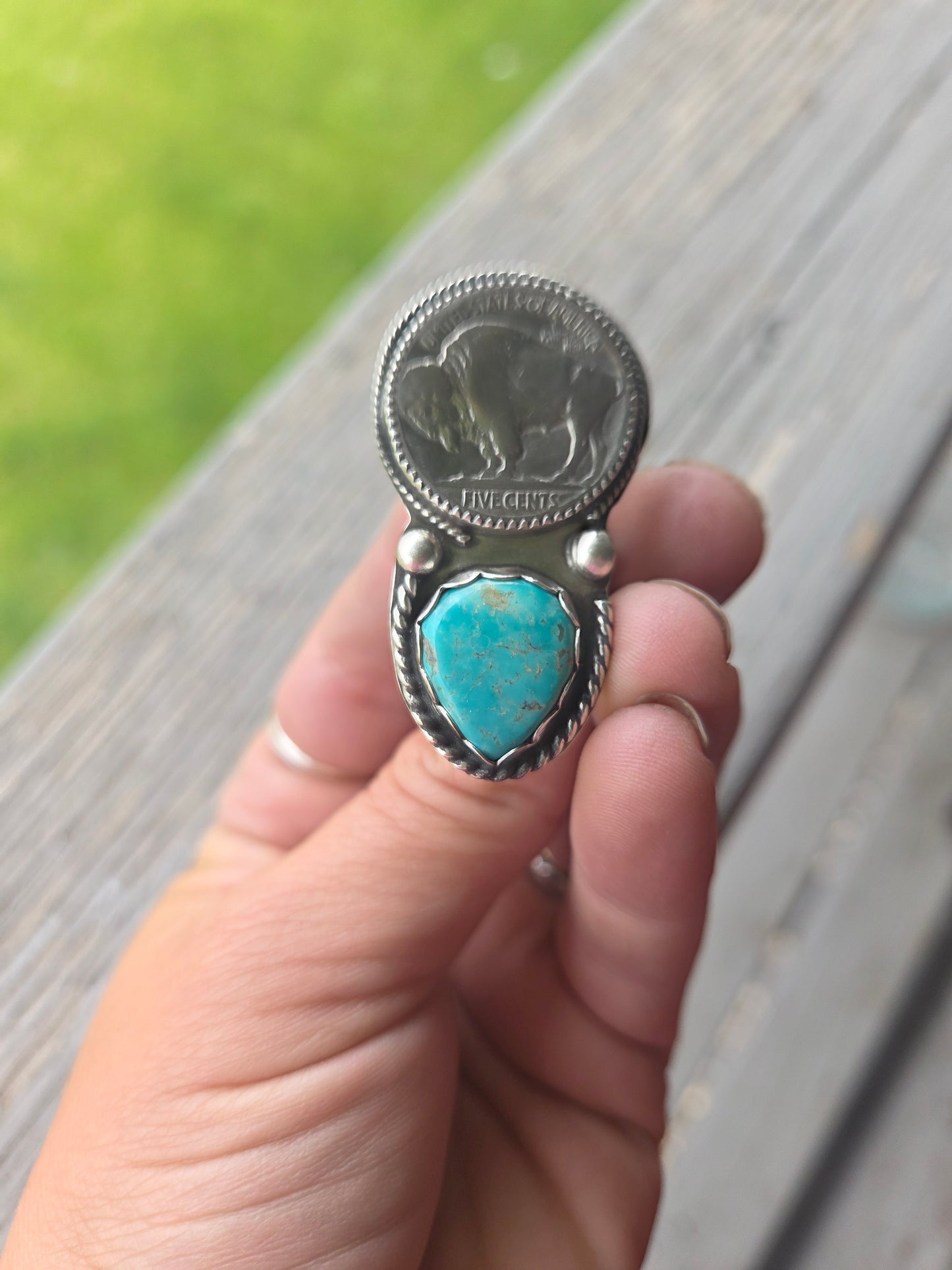 Tyrone Turquoise & Buffalo Coin • Sterling Silver Size 7.5