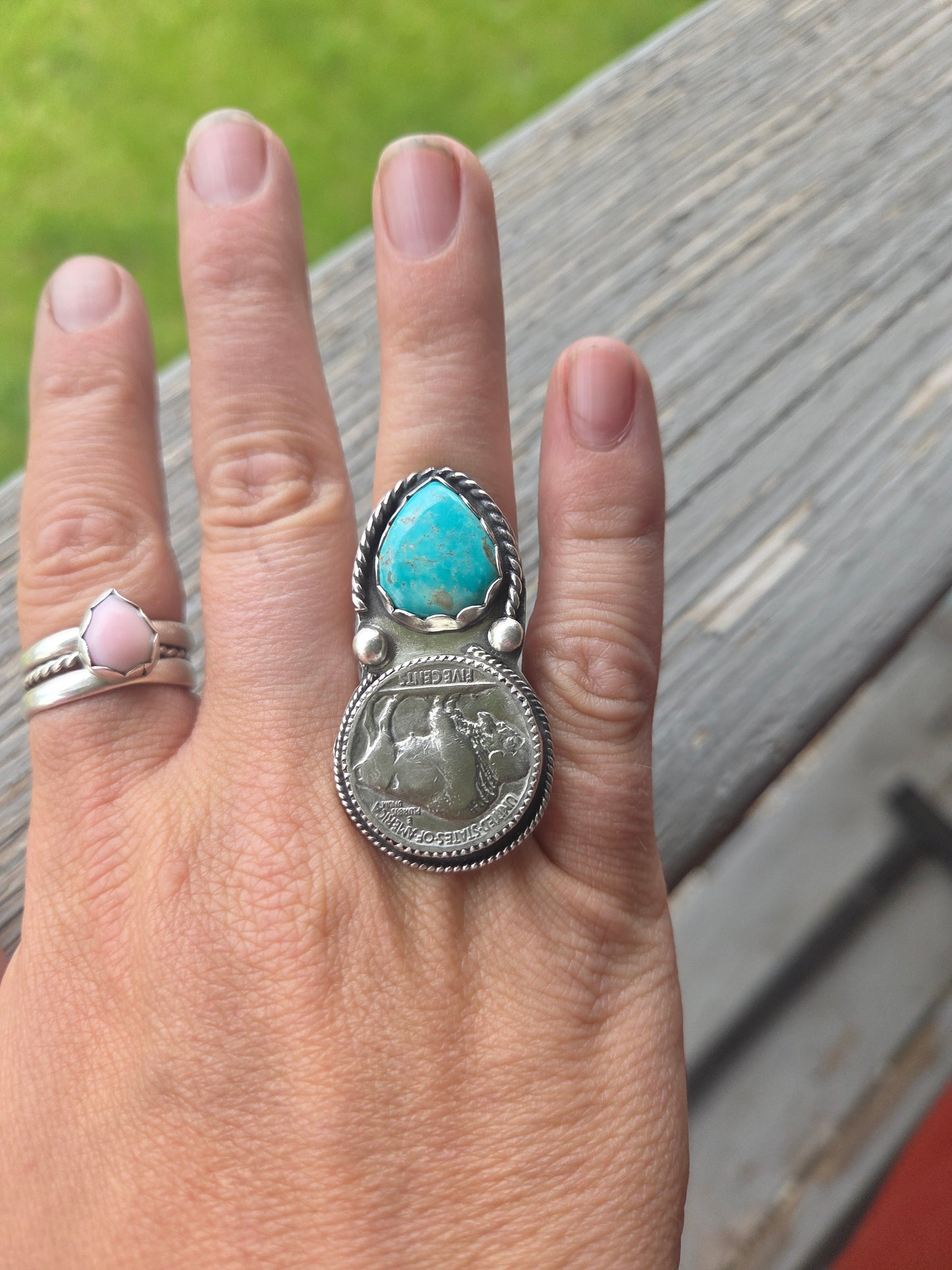 Tyrone Turquoise & Buffalo Coin • Sterling Silver Size 7.5