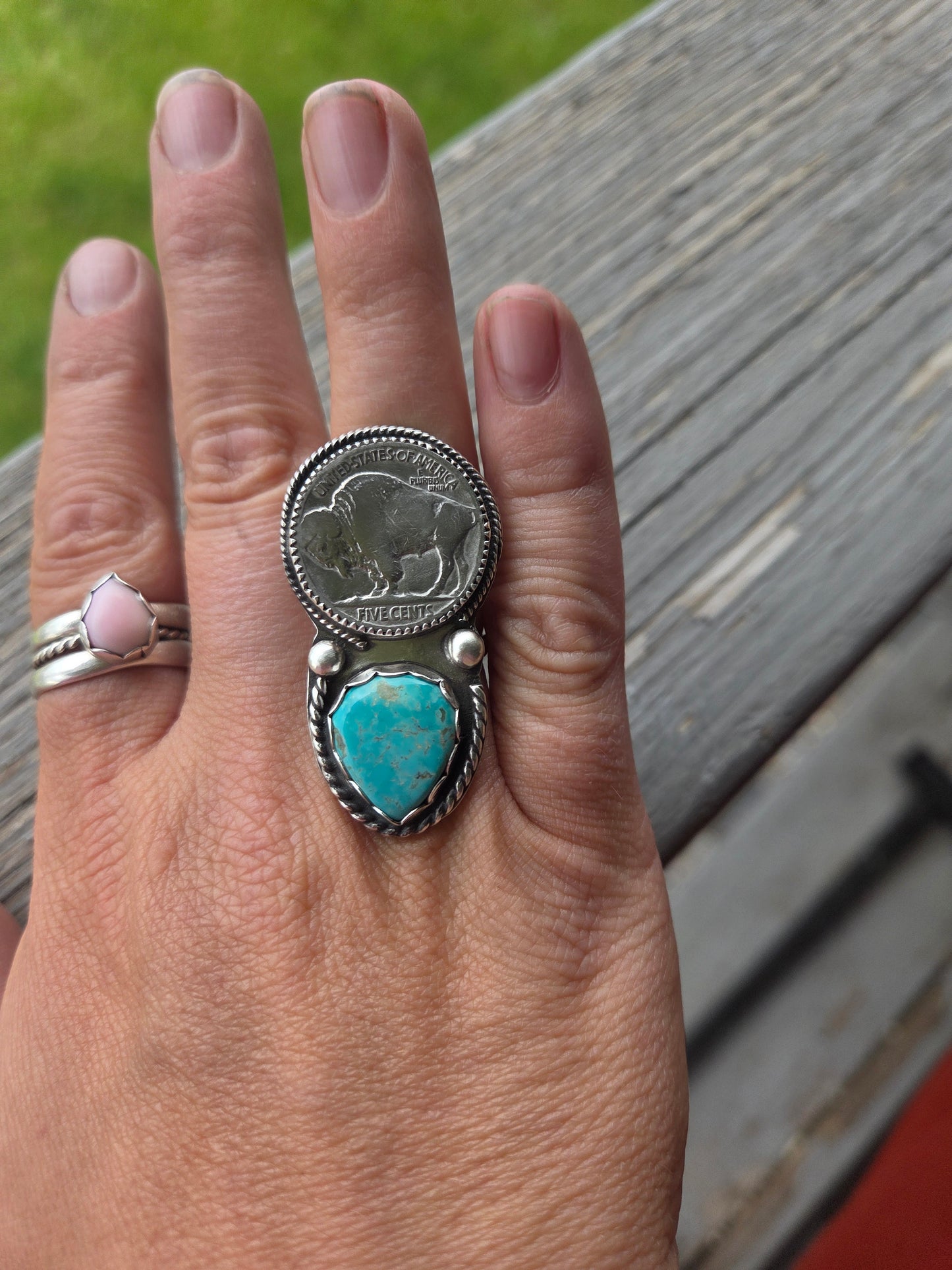 Tyrone Turquoise & Buffalo Coin • Sterling Silver Size 7.5