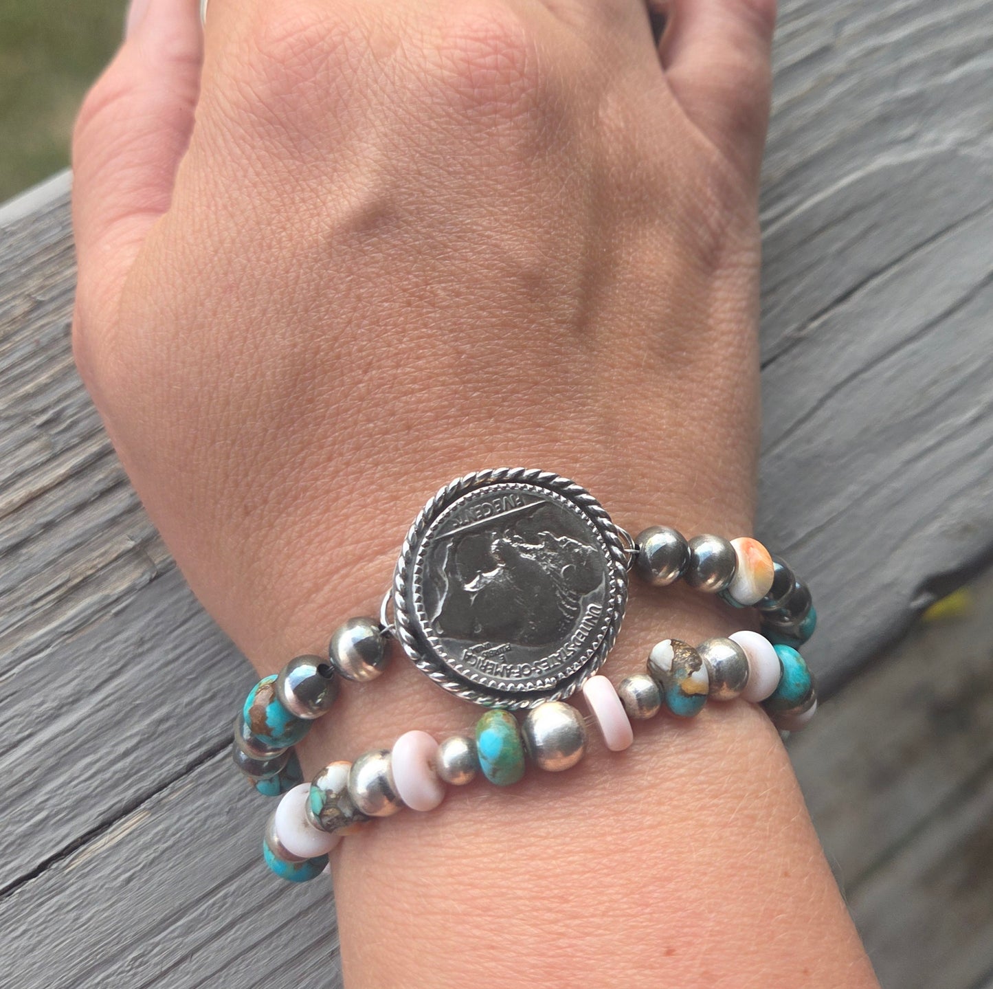 Buffalo Coin•Spiny Oyster Kingsmen Turquoise •Sterling Silver Navajo Style Pearl • Sterling Silver Adjustable clasp