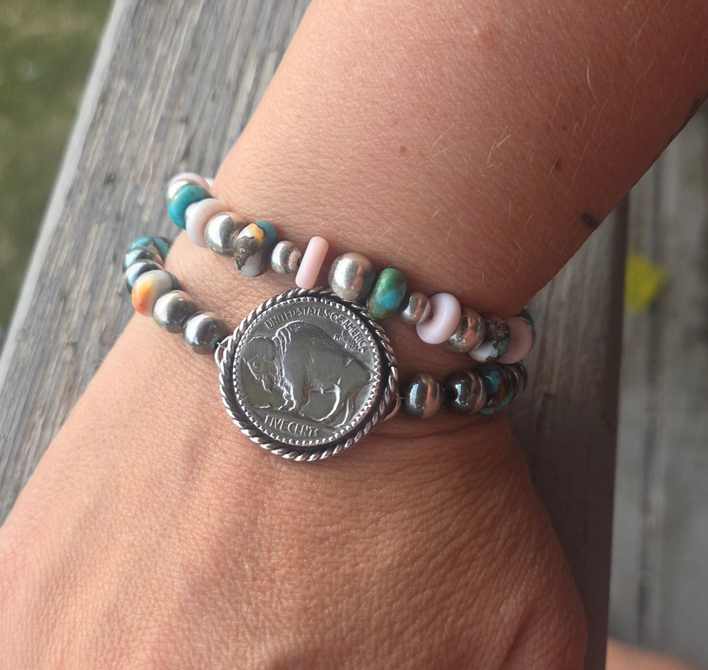 Buffalo Coin•Spiny Oyster Kingsmen Turquoise •Sterling Silver Navajo Style Pearl • Sterling Silver Adjustable clasp