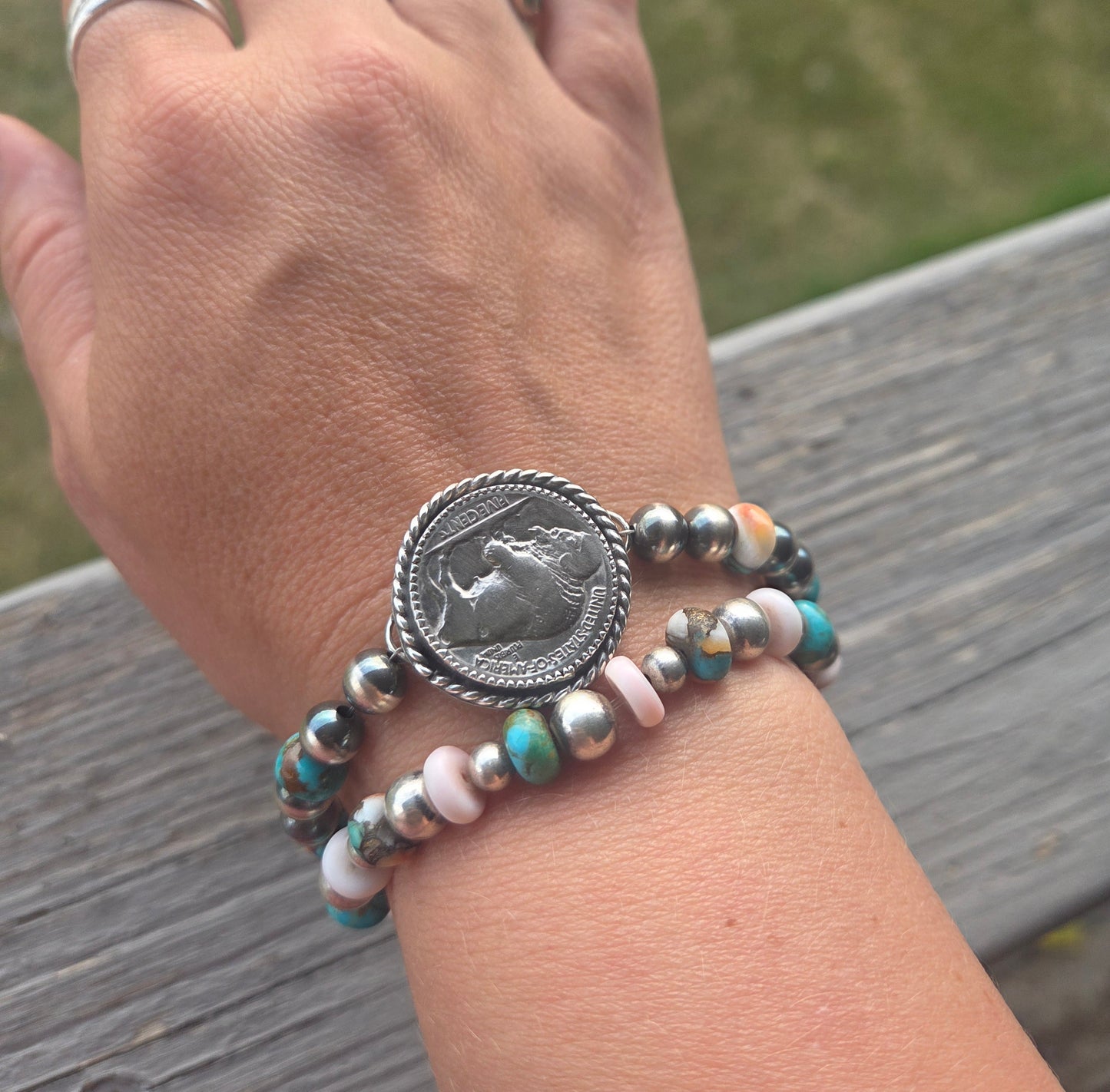 Buffalo Coin•Spiny Oyster Kingsmen Turquoise •Sterling Silver Navajo Style Pearl • Sterling Silver Adjustable clasp
