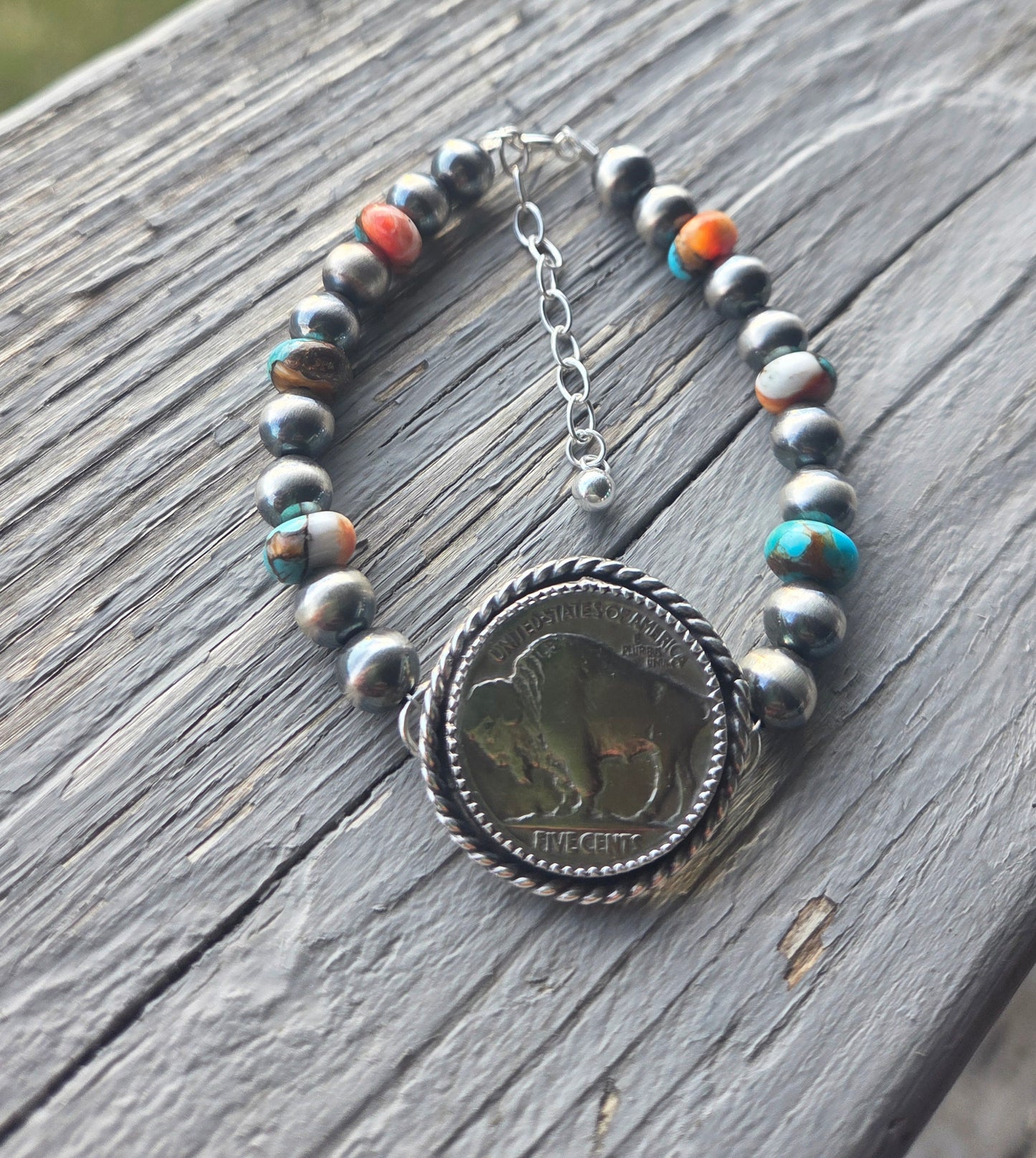 Buffalo Coin•Spiny Oyster Kingsmen Turquoise •Sterling Silver Navajo Style Pearl • Sterling Silver Adjustable clasp