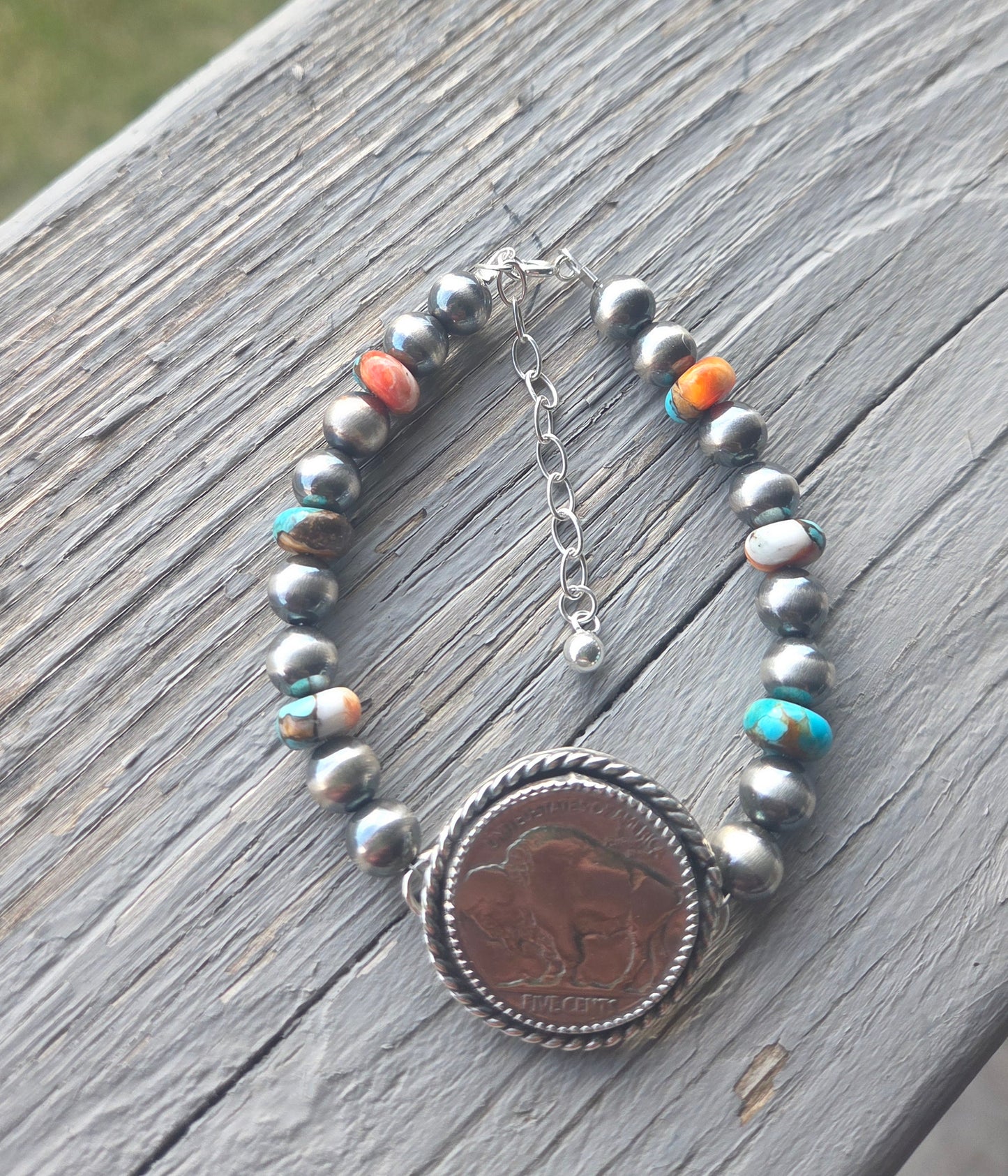 Buffalo Coin•Spiny Oyster Kingsmen Turquoise •Sterling Silver Navajo Style Pearl • Sterling Silver Adjustable clasp