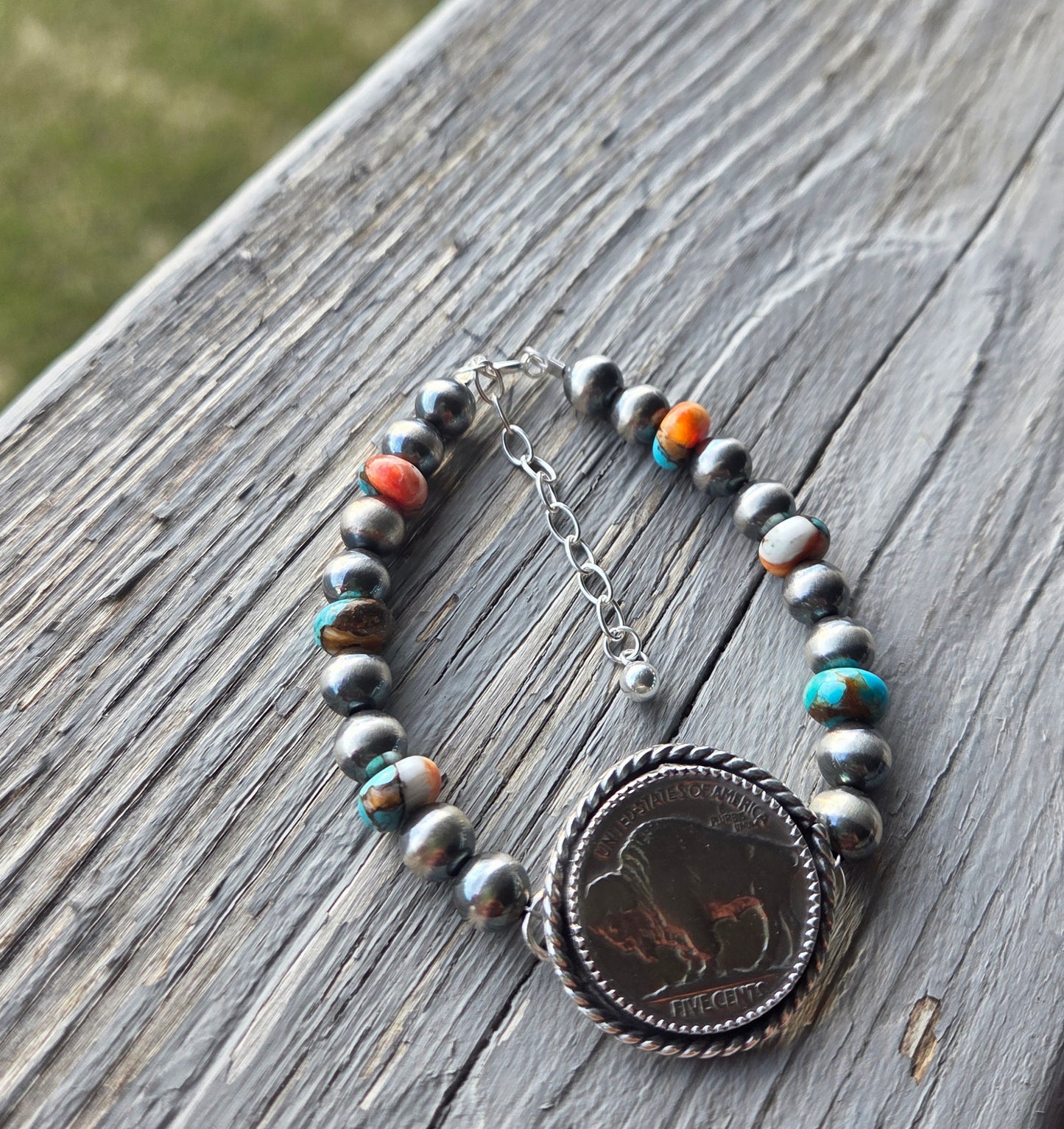 Buffalo Coin•Spiny Oyster Kingsmen Turquoise •Sterling Silver Navajo Style Pearl • Sterling Silver Adjustable clasp