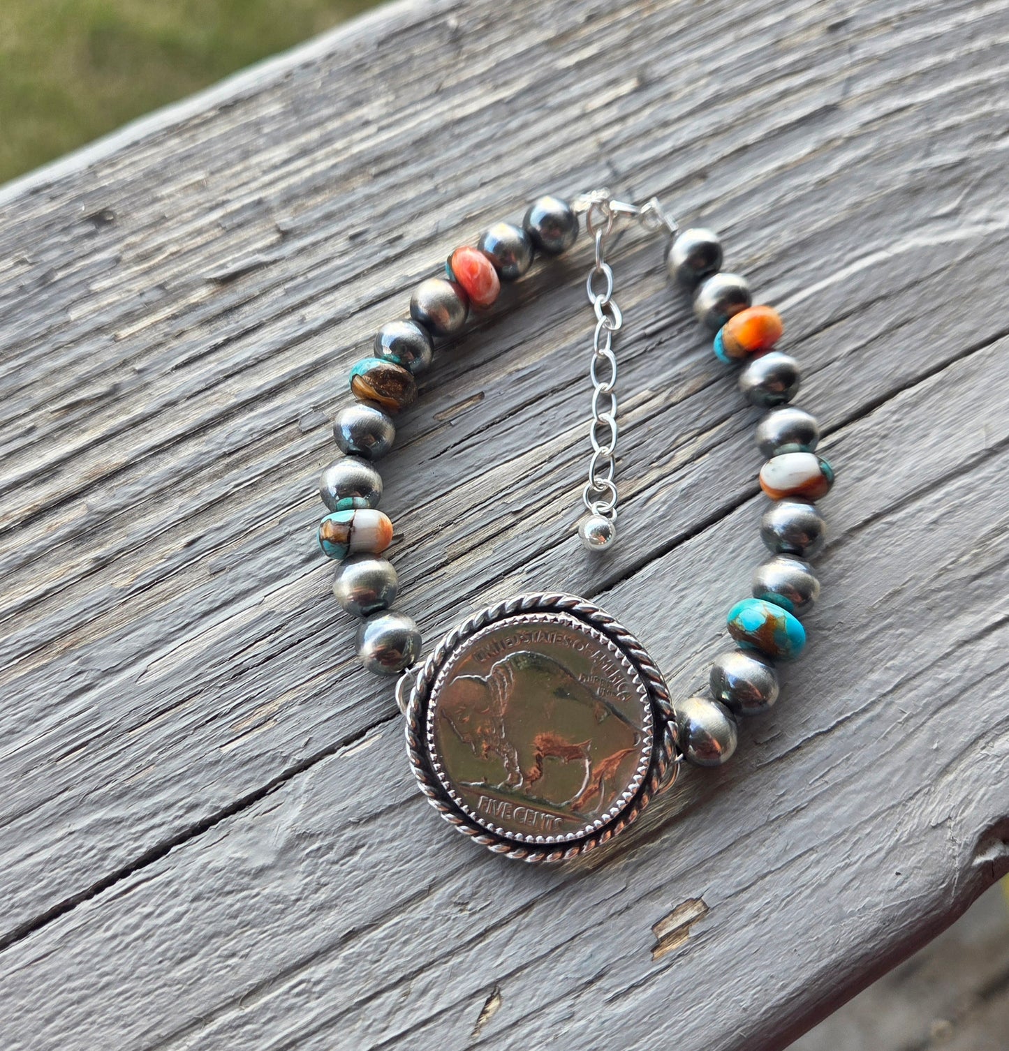 Buffalo Coin•Spiny Oyster Kingsmen Turquoise •Sterling Silver Navajo Style Pearl • Sterling Silver Adjustable clasp