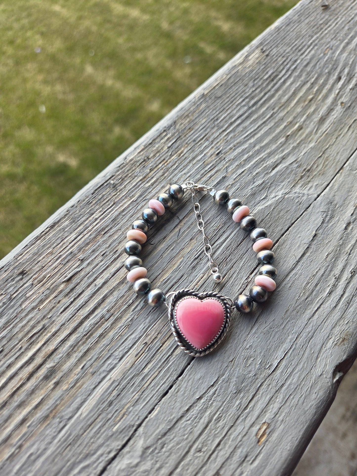 Pink Conch Heart•Pink Conch•Sterling Silver Navajo Style Pearl • Sterling Silver Adjustable clasp