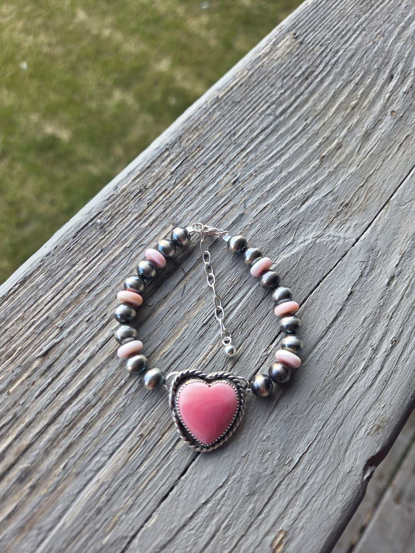 Pink Conch Heart•Pink Conch•Sterling Silver Navajo Style Pearl • Sterling Silver Adjustable clasp