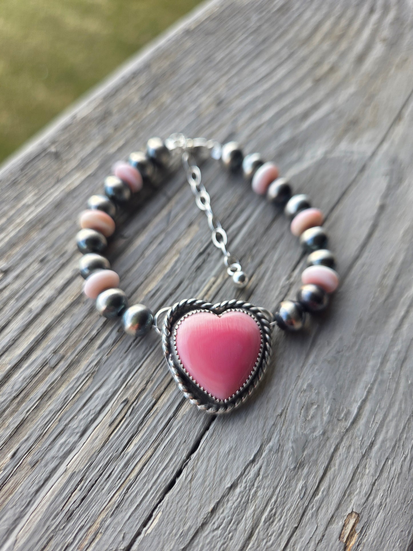 Pink Conch Heart•Pink Conch•Sterling Silver Navajo Style Pearl • Sterling Silver Adjustable clasp