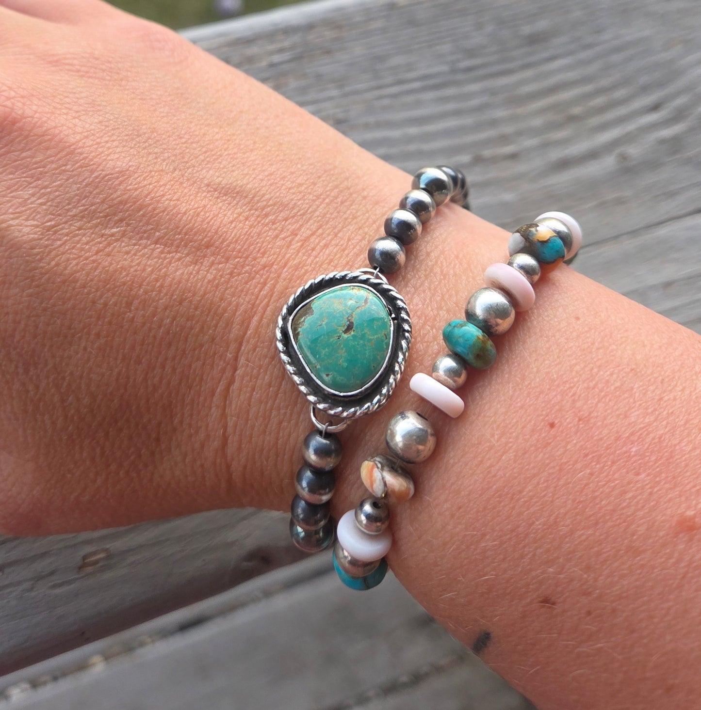 Tyrone Turquoise Pendant •Sterling Silver Navajo Style Pearl • Sterling Silver Adjustable clasp