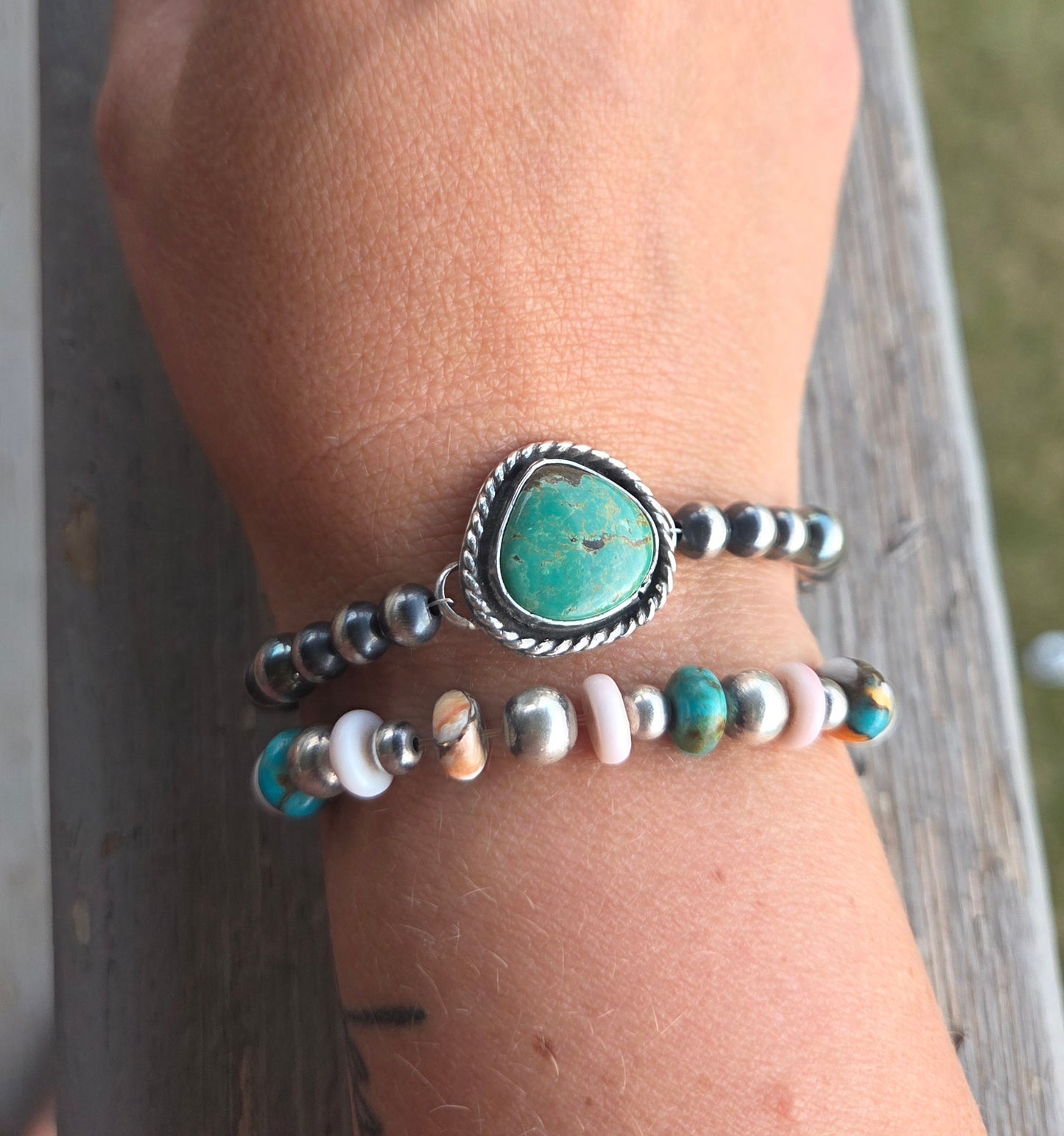 Tyrone Turquoise Pendant •Sterling Silver Navajo Style Pearl • Sterling Silver Adjustable clasp
