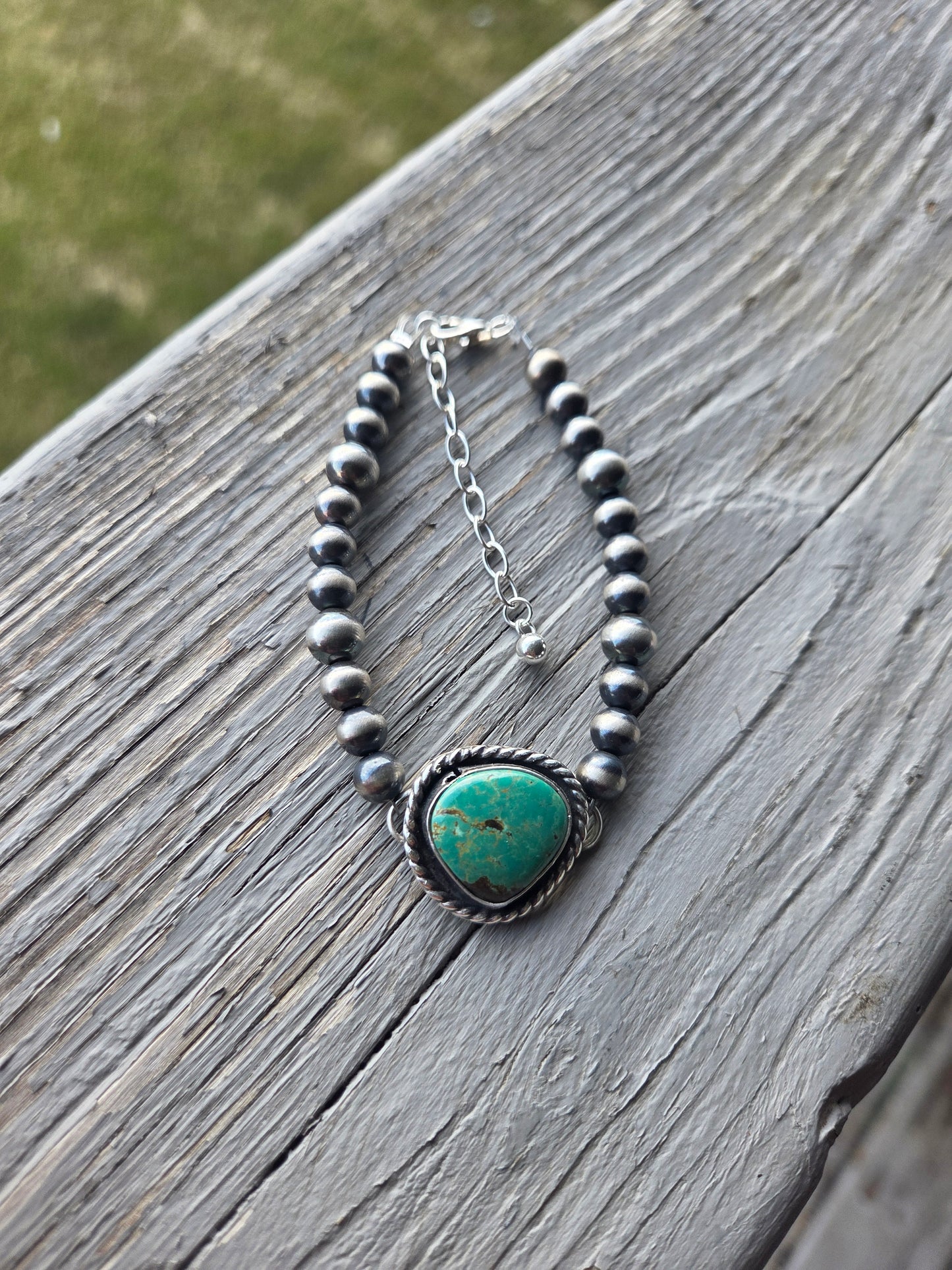 Tyrone Turquoise Pendant •Sterling Silver Navajo Style Pearl • Sterling Silver Adjustable clasp