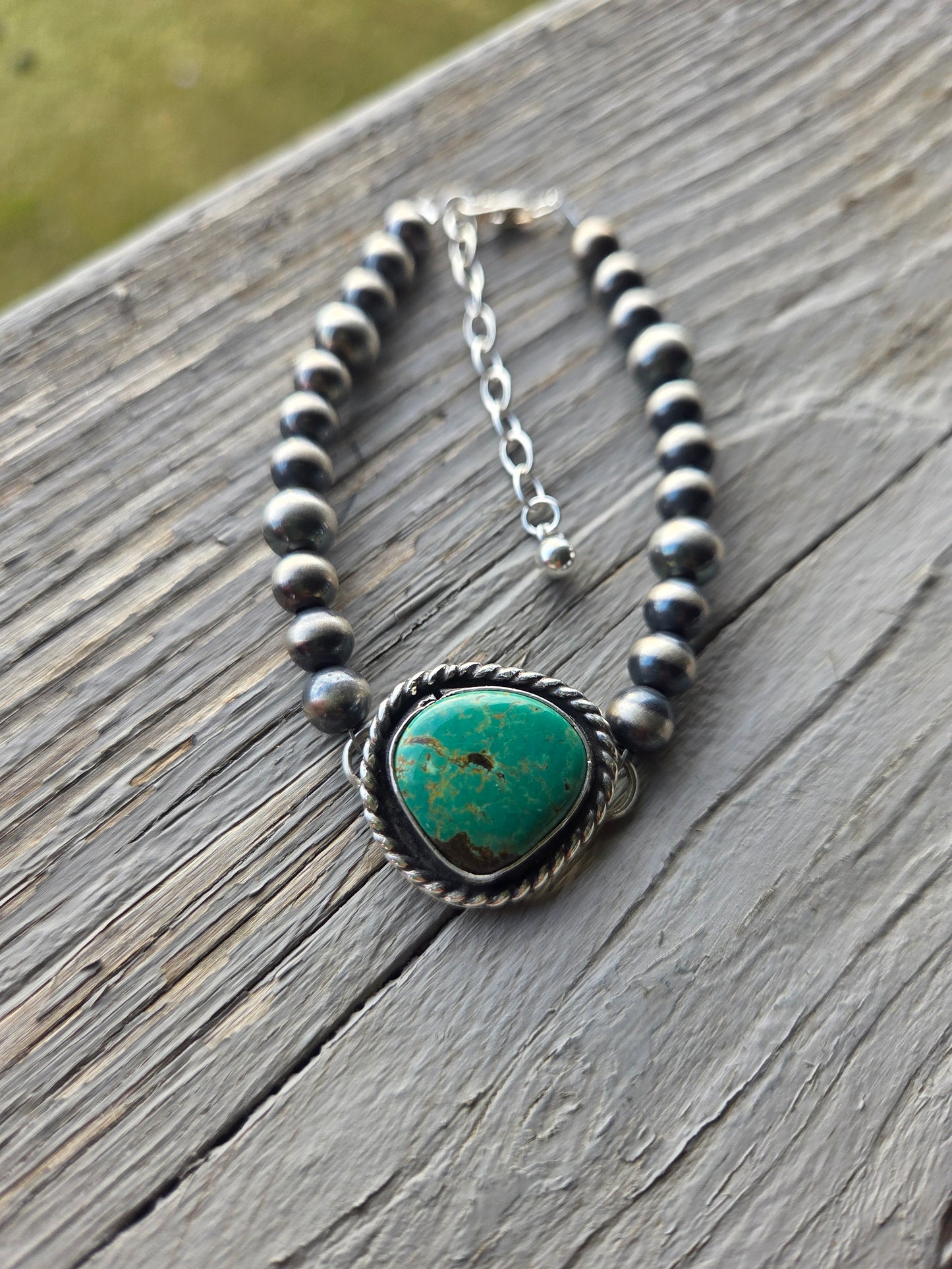 Tyrone Turquoise Pendant •Sterling Silver Navajo Style Pearl • Sterling Silver Adjustable clasp