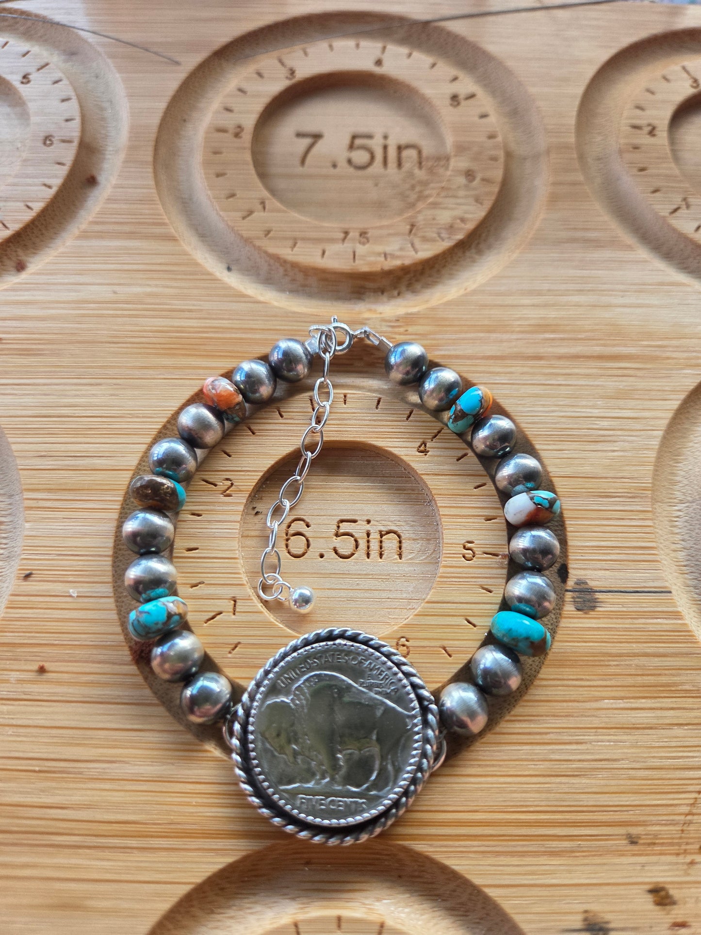 Buffalo Coin•Spiny Oyster Kingsmen Turquoise •Sterling Silver Navajo Style Pearl • Sterling Silver Adjustable clasp