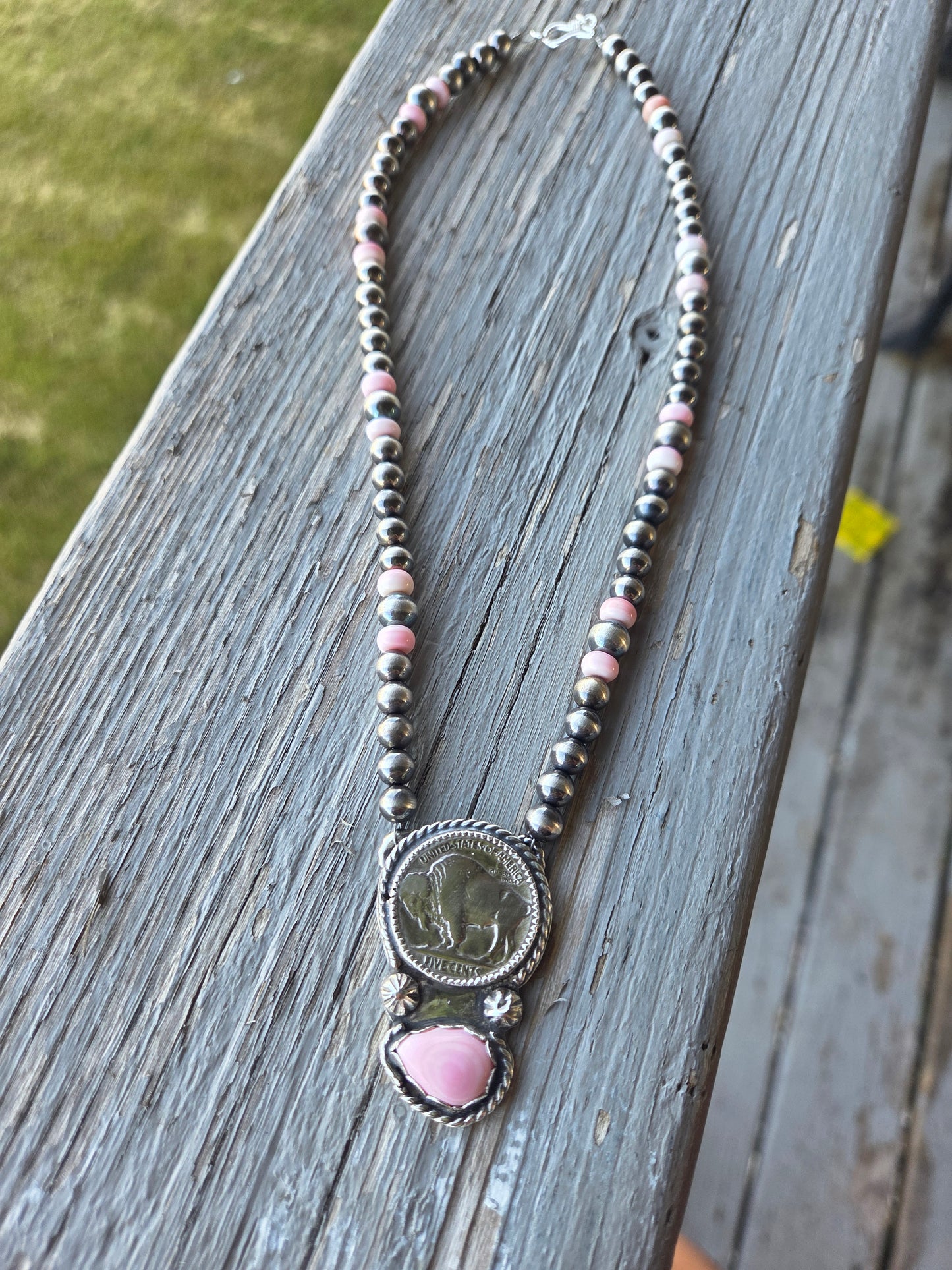 Buffalo Coin • Pink Conch • Sterling Silver Navajo Style Pearl