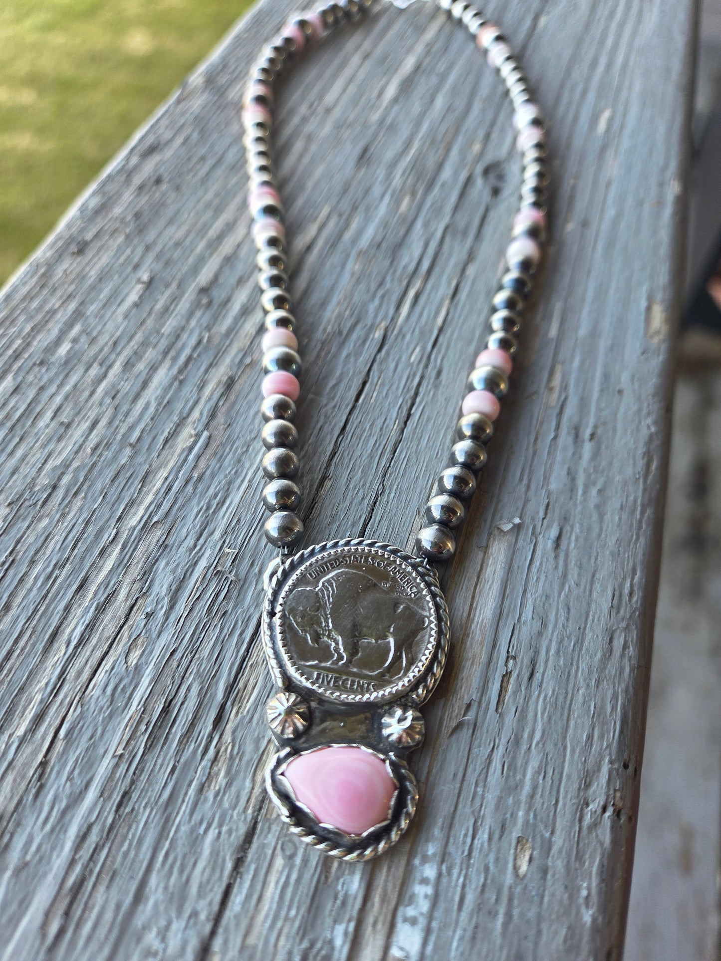 Buffalo Coin • Pink Conch • Sterling Silver Navajo Style Pearl